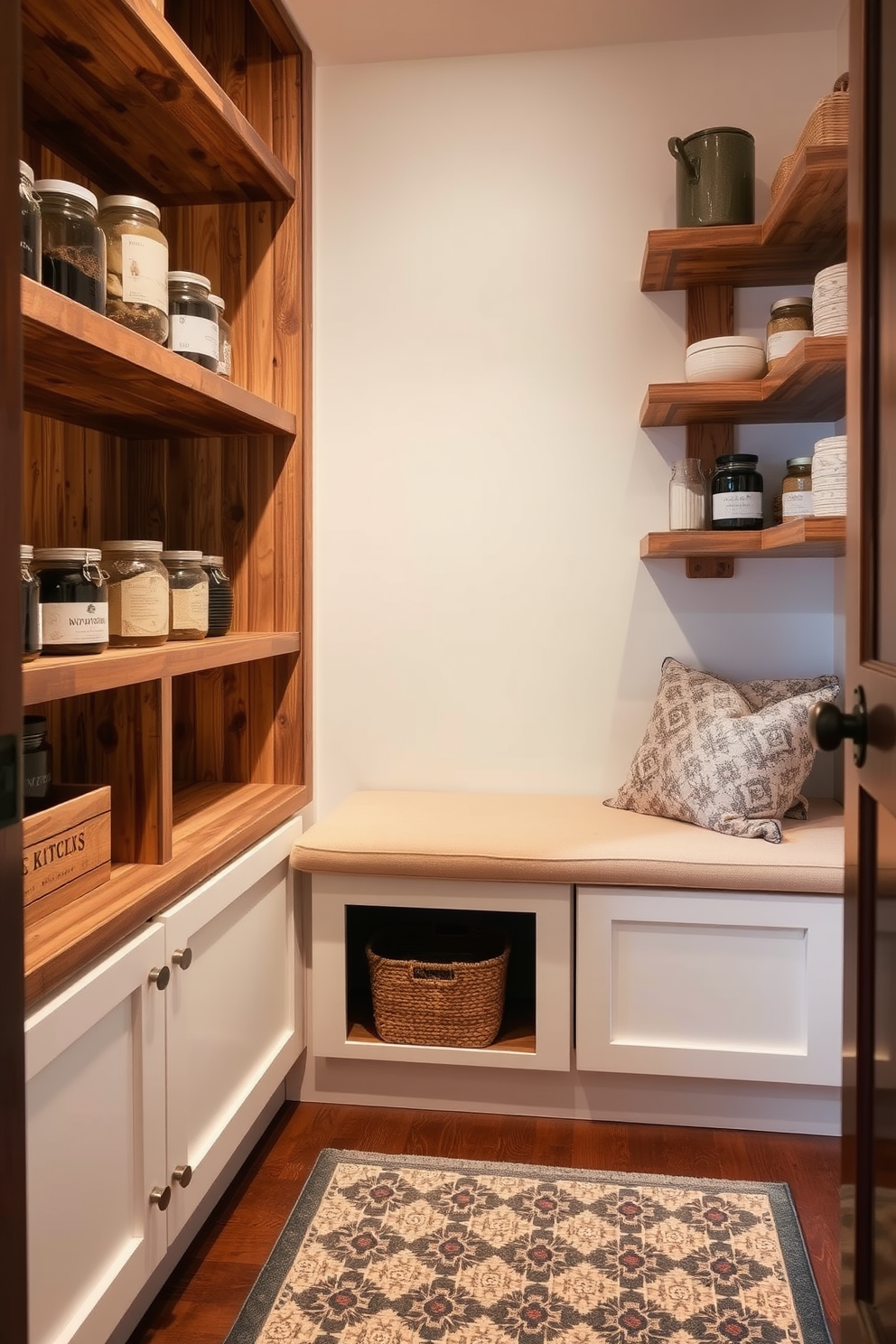 A cozy small pantry design featuring a built-in bench for seating. The bench is upholstered in a soft fabric and positioned against the wall, creating a comfortable nook for enjoying a cup of coffee. The pantry includes open shelving made of reclaimed wood, displaying neatly organized jars and kitchen essentials. The walls are painted in a light, airy color, and a patterned rug adds warmth to the space.