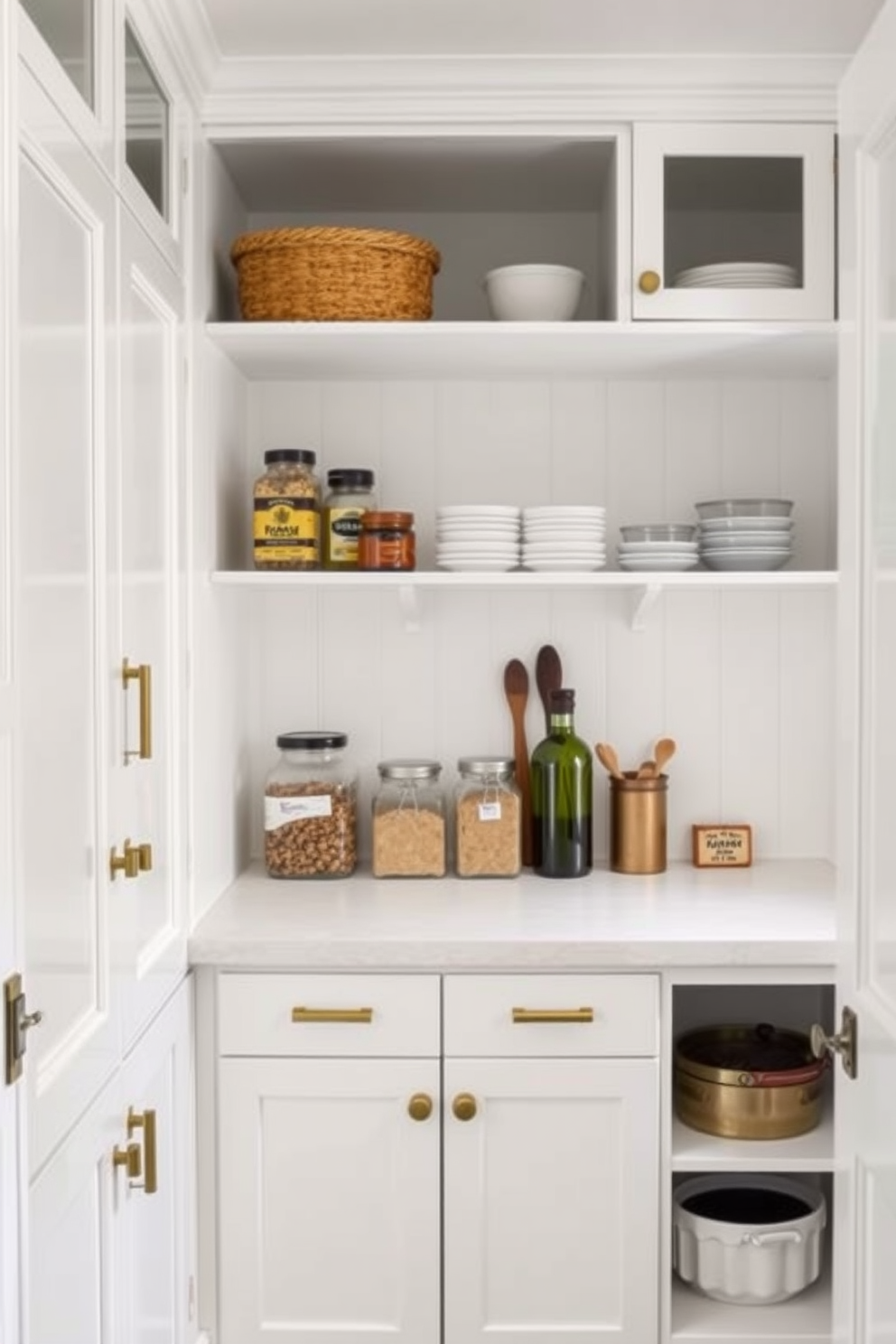 A cozy small pantry featuring white shaker cabinets with brass handles and open shelving for easy access to frequently used items. A chalkboard wall is installed for notes and lists, providing a functional and stylish touch to the space.