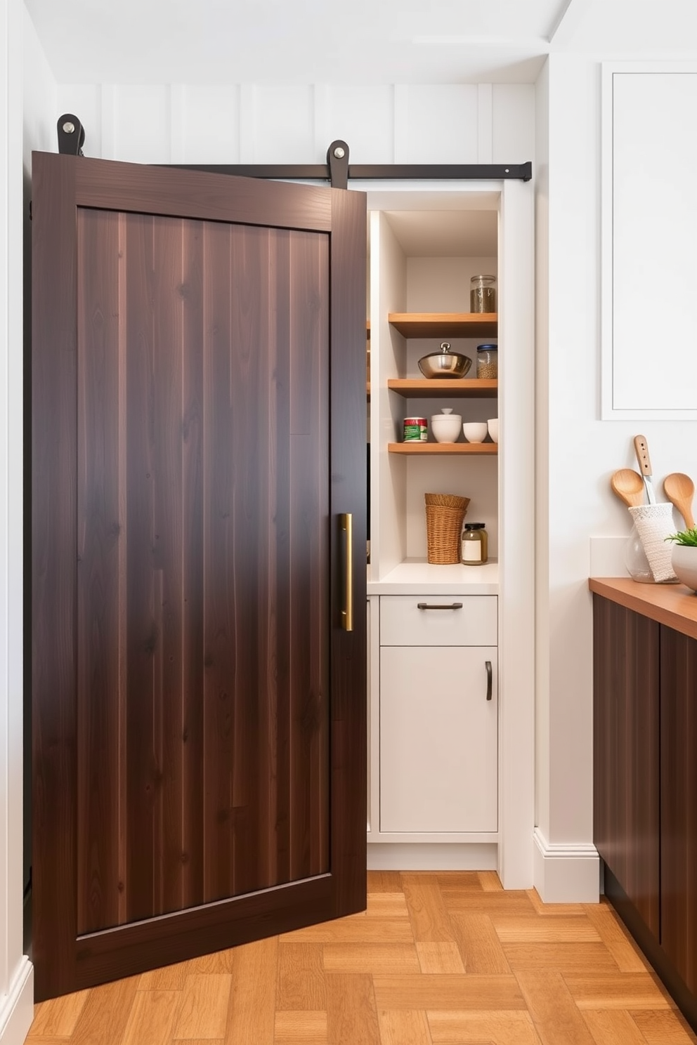 A small pantry design featuring a sliding door that maximizes space efficiency. The interior includes open shelving for easy access to kitchen essentials and a sleek countertop for meal prep.