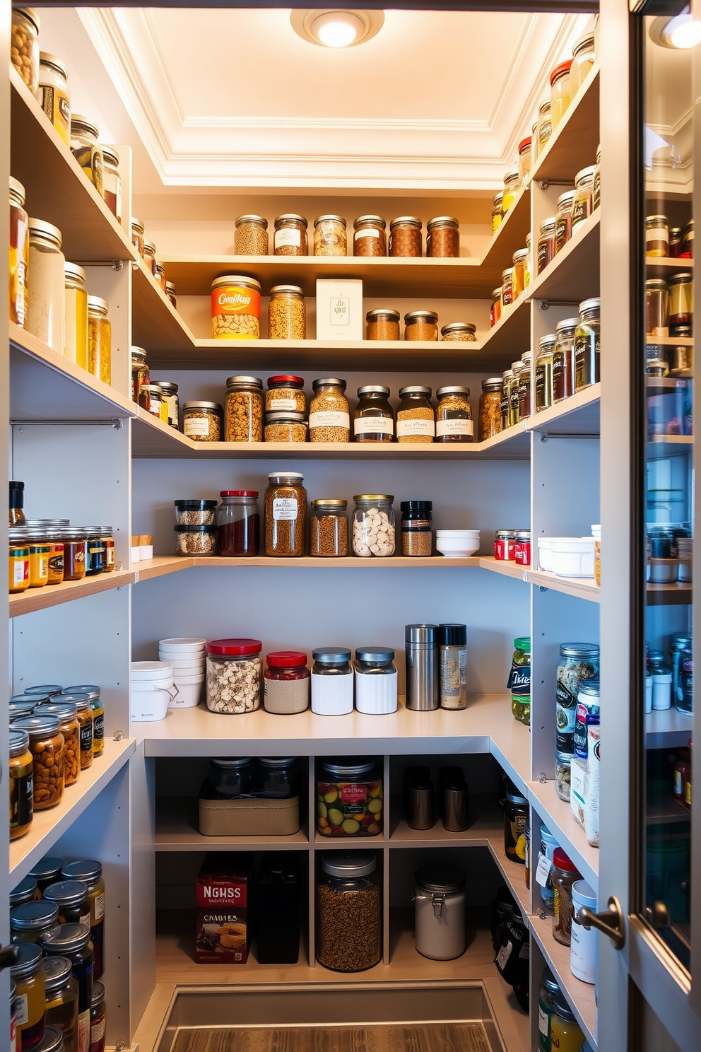 A cozy small pantry featuring light gray cabinetry with brushed nickel handles. The walls are painted in a soft cream color, and the floor showcases a warm oak laminate. Open shelving made of reclaimed wood displays neatly organized jars and containers. A small, round table with two stools sits in the corner, illuminated by a pendant light with a vintage finish.