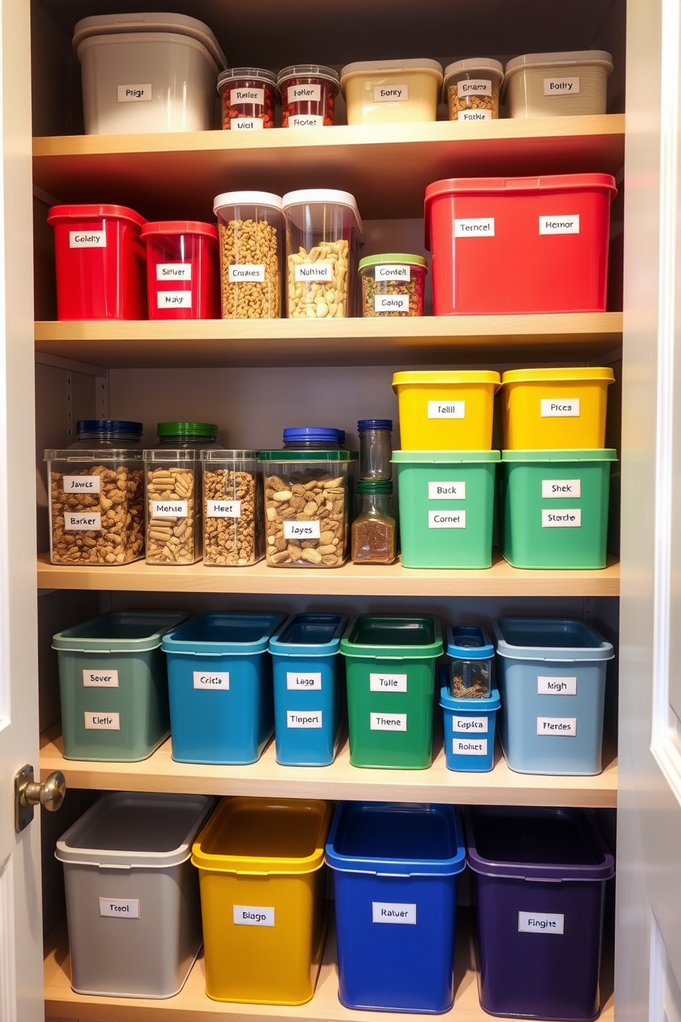 A small pantry featuring a color-coded organization system. Shelves are neatly arranged with labeled containers in various shades, creating a visually appealing and efficient storage solution.