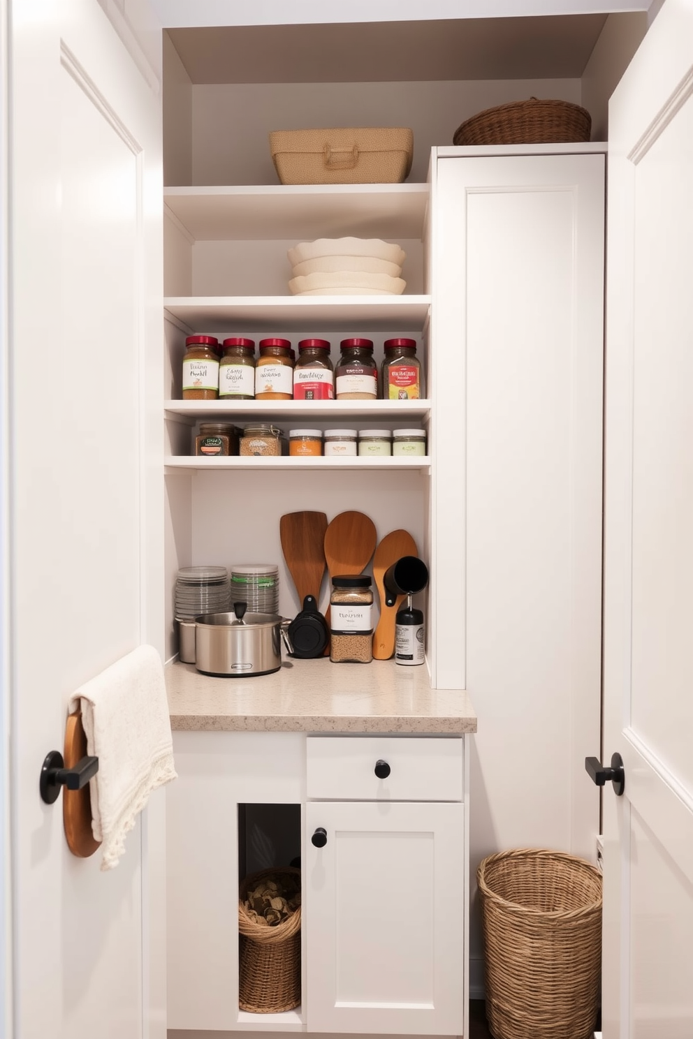 A cozy small pantry featuring a compact countertop for meal prep. The walls are painted in soft white, and open shelving displays neatly organized jars and spices.