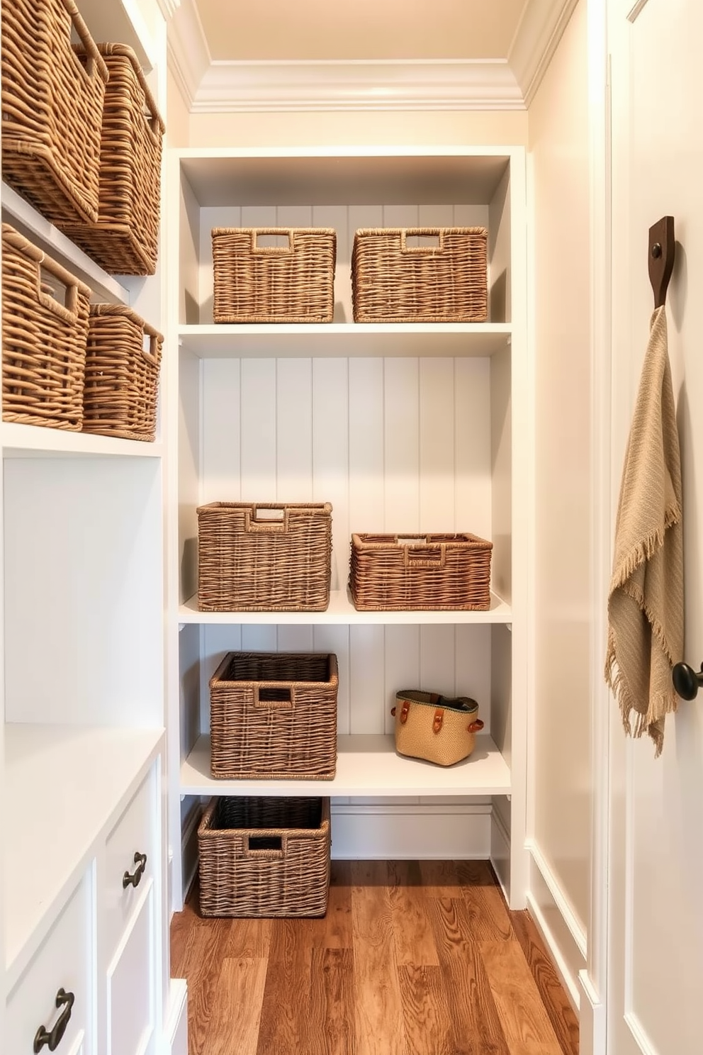 A charming small pantry design featuring woven baskets neatly arranged on open shelves. The walls are painted in a soft cream color, and the floor is adorned with rustic wooden planks.