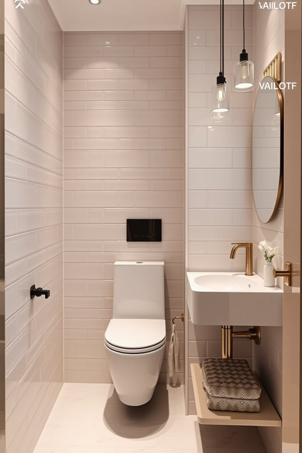 A small powder room featuring glass shower doors that create an open and airy atmosphere. The walls are adorned with soft pastel colors, and the flooring consists of elegant white marble tiles.