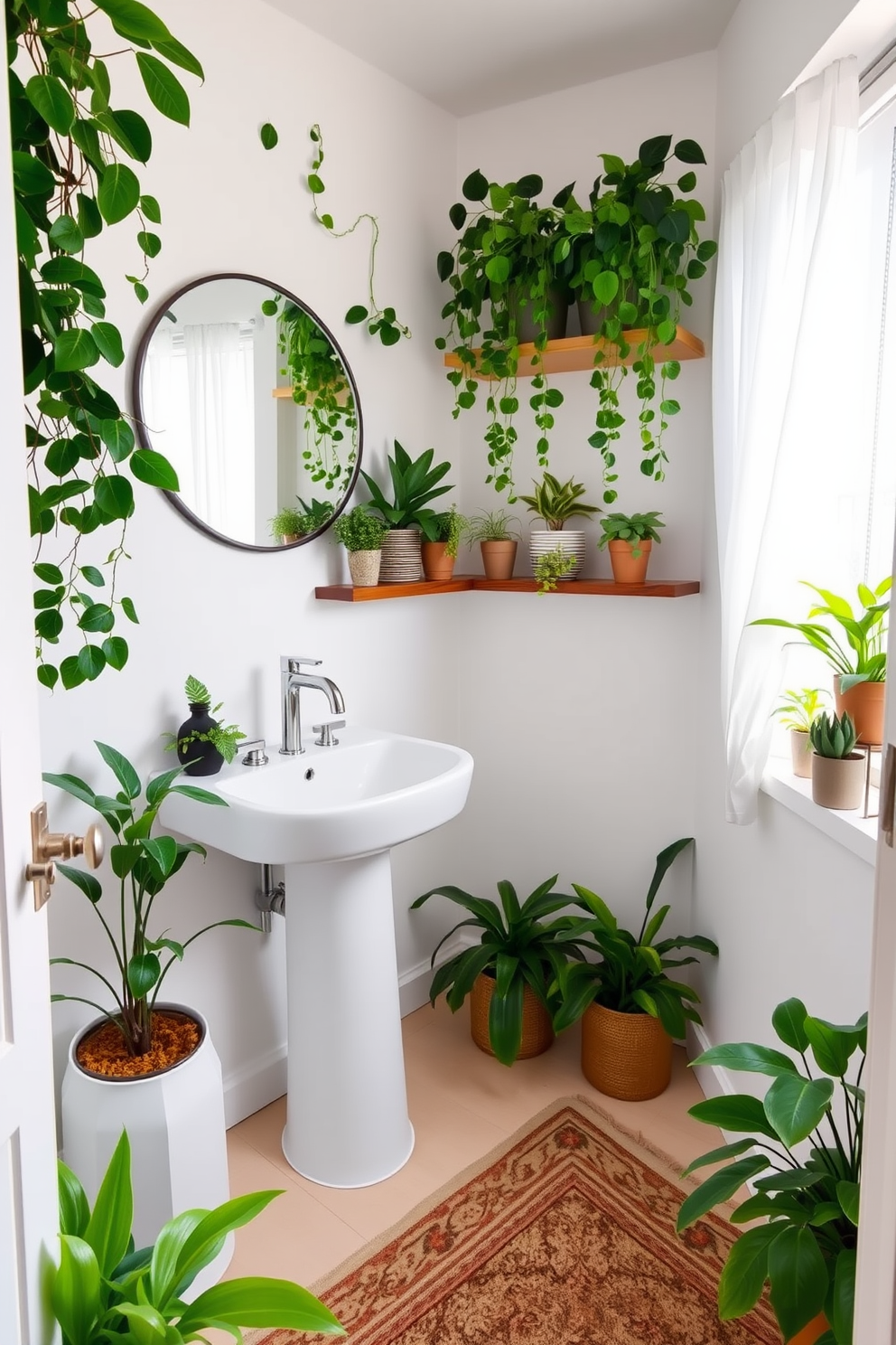 A small powder room filled with lush greenery creates a refreshing atmosphere. The walls are painted in a soft white, allowing the vibrant plants to stand out beautifully. A sleek pedestal sink is positioned against one wall, complemented by a modern faucet. A round mirror hangs above the sink, reflecting the natural light streaming in from a nearby window adorned with sheer curtains. Decorative shelves display a variety of potted plants, adding depth and texture to the space. A stylish rug with earthy tones anchors the room, enhancing the overall design while providing comfort underfoot.