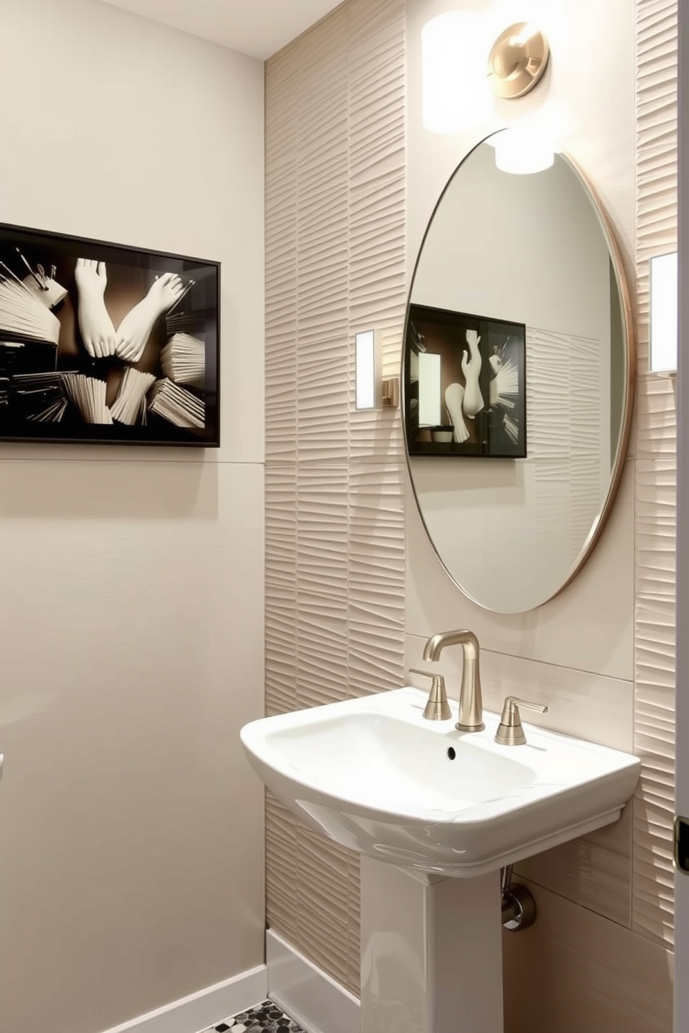 Textured wall panels create a striking focal point in a small powder room. The design features a sleek pedestal sink with modern fixtures and a stylish mirror that enhances the room's elegance.