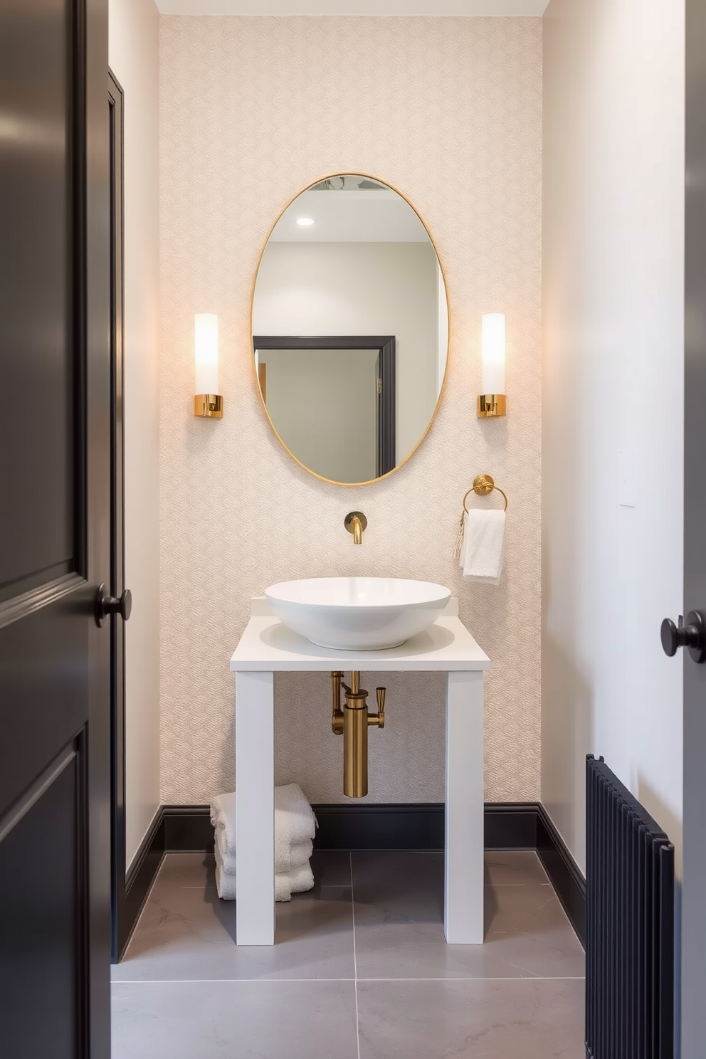 Chic vessel sink as a focal point in a small powder room designed with contemporary elegance. The walls are adorned with soft textured wallpaper in a light pastel hue, while the floor features sleek gray tiles that create a modern contrast.