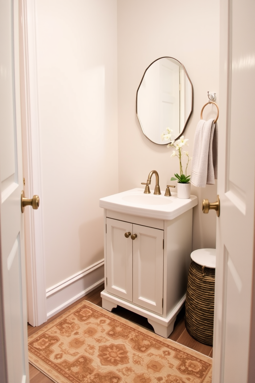 A cozy small powder room featuring a decorative rug that adds warmth and texture to the space. The walls are painted in a soft pastel color, and a stylish sink with a sleek faucet sits atop a compact vanity.