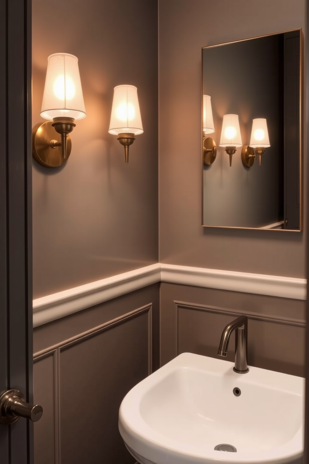 Elegant sconces for sophisticated lighting create a warm and inviting atmosphere in a small powder room. These fixtures are strategically placed to highlight the beautiful finishes and textures of the space. Small powder room design ideas should focus on maximizing functionality while maintaining a chic aesthetic. Incorporate a sleek pedestal sink, stylish wall-mounted faucets, and rich, deep colors to enhance the sense of luxury.