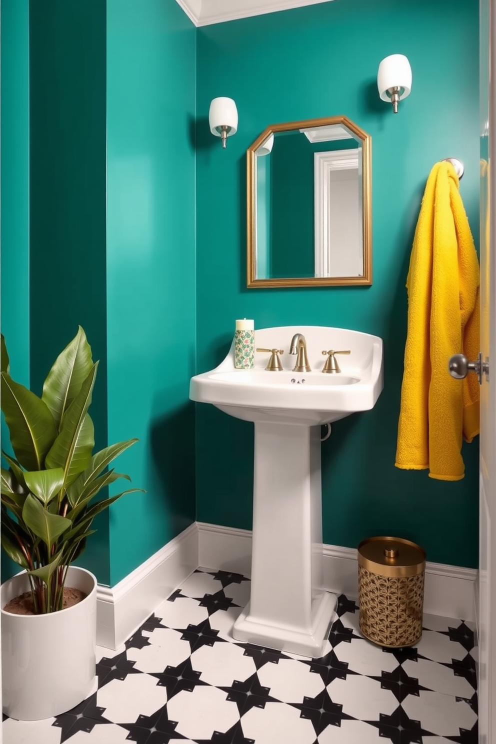 A small powder room featuring bold color accents that create a striking visual impact. The walls are painted in a vibrant teal, complemented by a sleek white pedestal sink and a gold-framed mirror above it. The floor is adorned with black and white geometric tiles, adding a modern touch. Bright yellow towels and a decorative plant in the corner bring warmth and personality to the space.