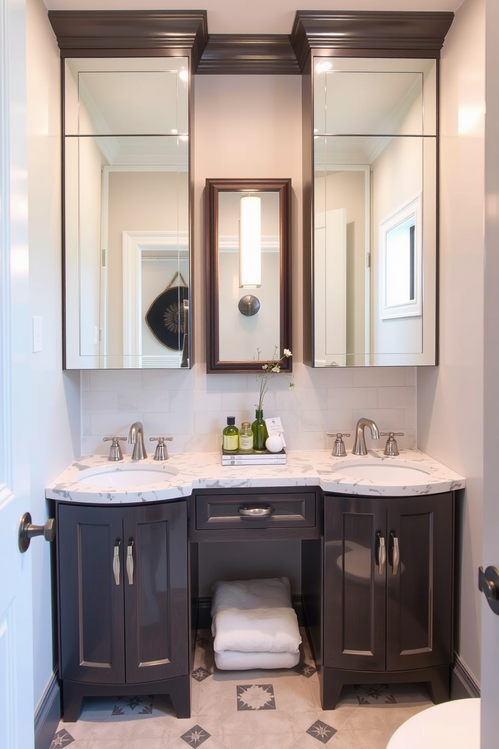 A small powder room designed to maximize space with creative nooks for storage and decor. The walls are painted in a soft pastel color, and a compact sink with a sleek design is mounted on a floating shelf. In one corner, a built-in nook features open shelving for decorative items and a small potted plant. A round mirror hangs above the sink, reflecting light and creating the illusion of a larger space.