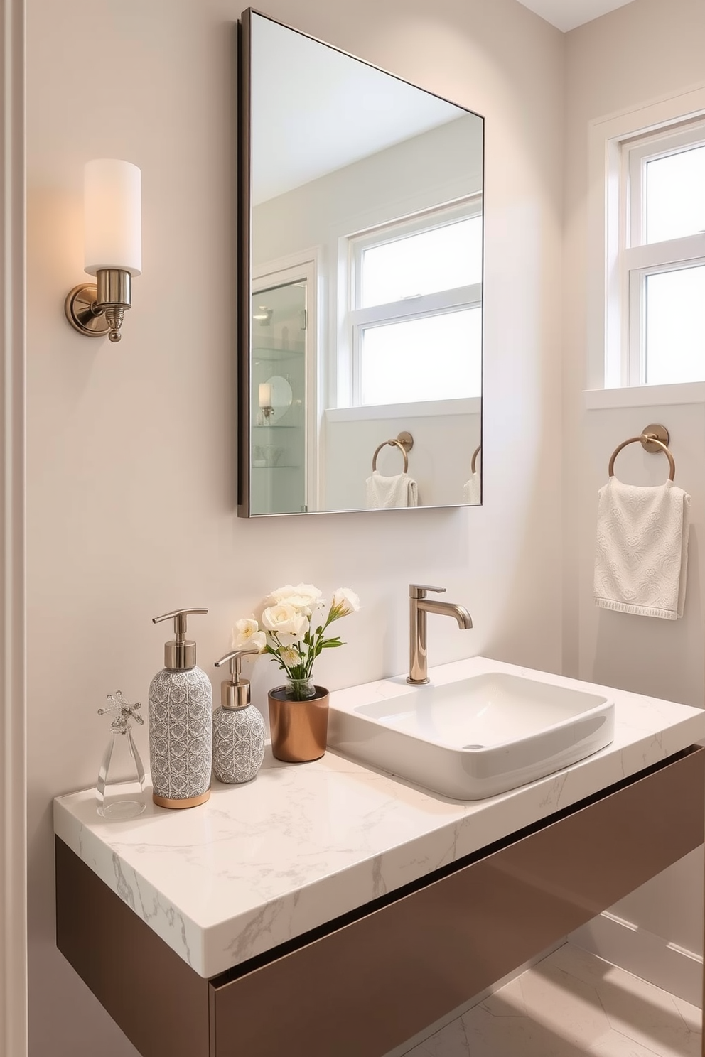 A chic powder room featuring elegant soap dispensers that enhance the decor. The walls are painted in a soft pastel hue, and a sleek floating vanity complements the overall design. The soap dispensers are crafted from ceramic with intricate patterns, adding a touch of sophistication. A large mirror above the vanity reflects the ambient lighting, creating a bright and inviting atmosphere.