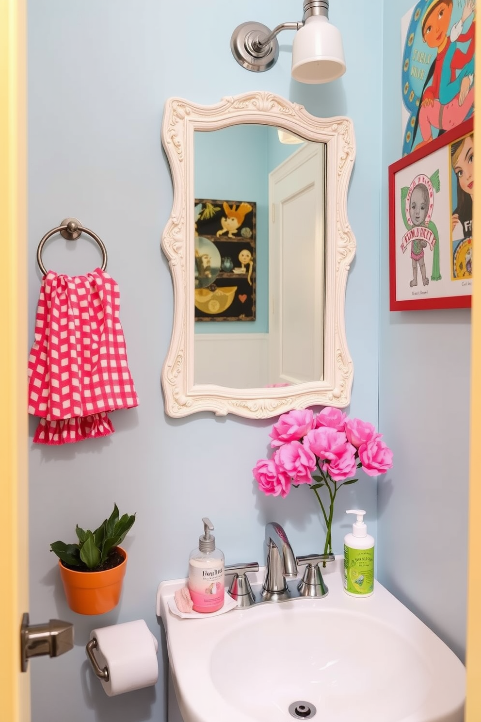 A small powder room features a unique sink with an asymmetrical shape made of sleek ceramic. The walls are adorned with a bold wallpaper pattern, and a stylish mirror with a decorative frame complements the sink's design. The flooring consists of elegant hexagonal tiles in soft gray tones. A minimalist floating shelf holds decorative items and a small potted plant, adding a touch of greenery to the space.