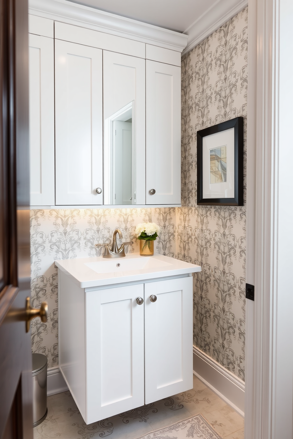 A stylish small powder room featuring wall-mounted lighting that enhances the space without cluttering the design. The walls are painted in a soft pastel hue, and a sleek floating vanity is paired with a round mirror that reflects the warm glow of the lights.