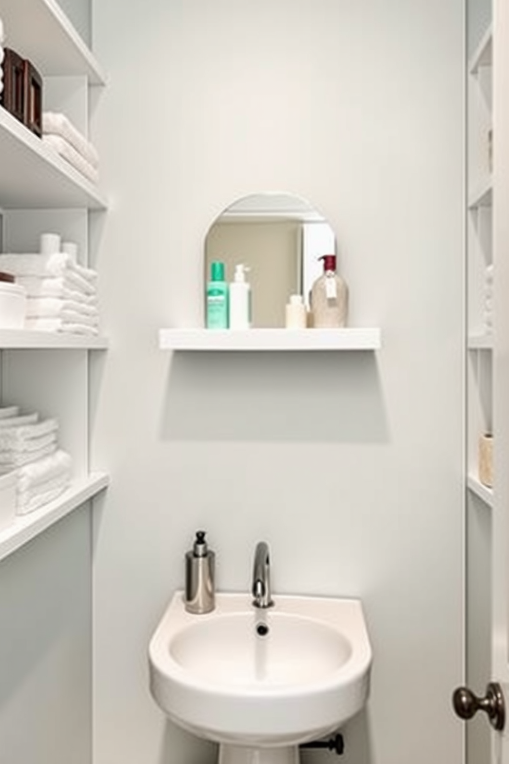 Create a small powder room that features decorative hooks for stylish organization. The walls are adorned with a soft pastel color, and the hooks are made of brushed gold, adding a touch of elegance.