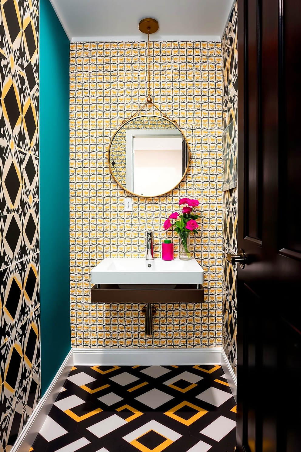 A small powder room features layered rugs that add warmth and texture to the space. The rugs are in complementary colors and patterns, creating a cozy atmosphere while enhancing the room's design. The walls are adorned with elegant wallpaper that reflects a subtle pattern, enhancing the overall aesthetic. A stylish pedestal sink is centered in the room, accompanied by a chic mirror that adds depth and style.