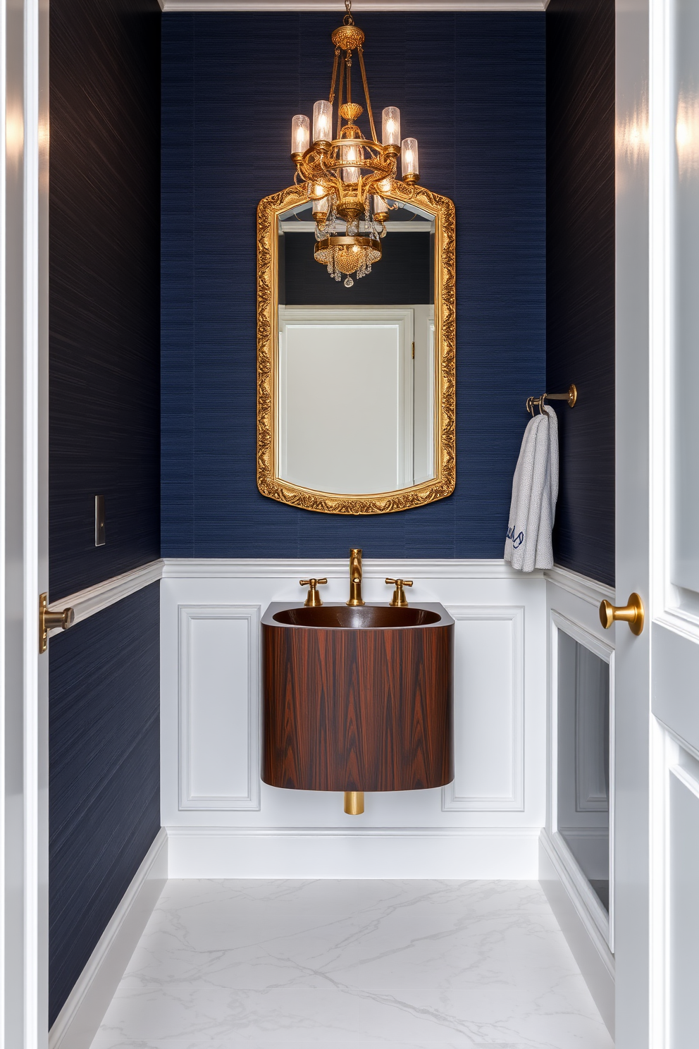 Floating shelves line the walls of a small powder room, showcasing an array of decorative items such as potted plants, candles, and art pieces. The shelves are made of reclaimed wood, adding warmth and character to the space while enhancing the room's verticality. The powder room features a sleek pedestal sink with a polished chrome faucet, complemented by a round mirror with a thin black frame. Soft lighting illuminates the room, creating an inviting atmosphere while the walls are painted in a soft, light gray hue.