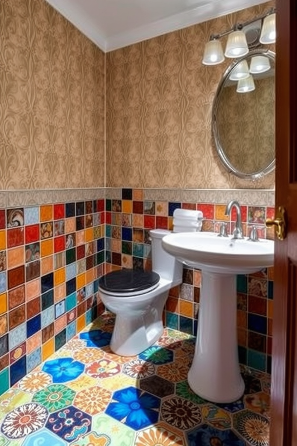 A small powder room featuring industrial elements with exposed brick walls and a sleek metal sink. The space is accented by a large round mirror with a black metal frame and a minimalist wooden shelf for decorative items.