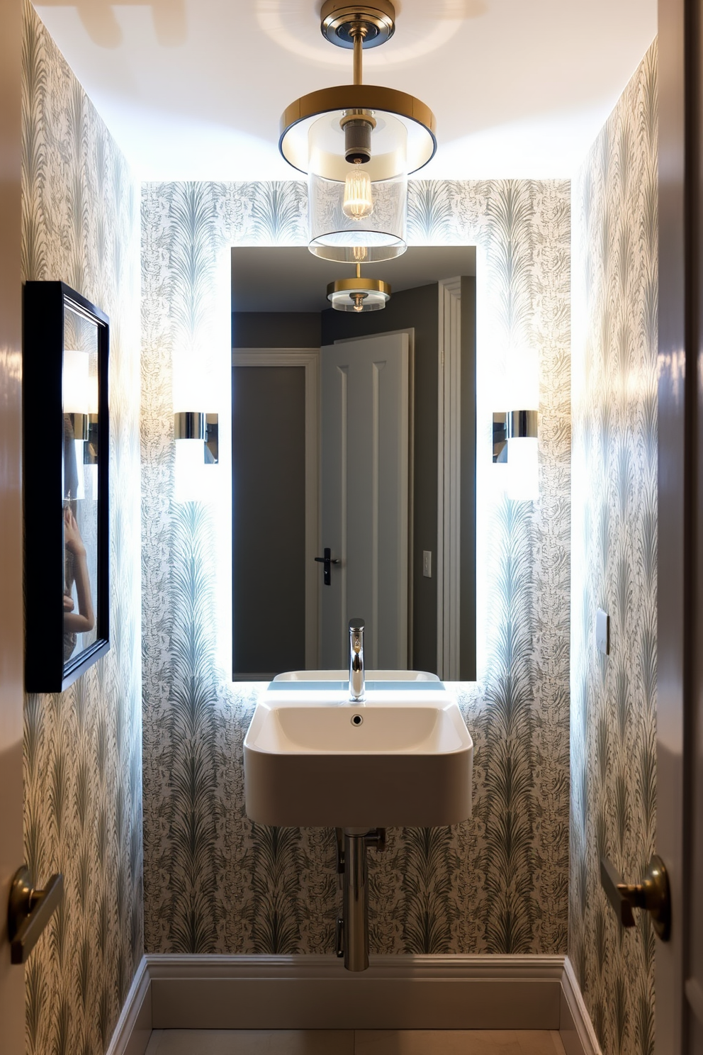 A small powder room designed with layered lighting to create versatility and ambiance. The space features a sleek wall-mounted sink with a stylish faucet, complemented by a backlit mirror that enhances the overall illumination. Soft sconces on either side of the mirror provide warm light, while a pendant fixture above adds a focal point. The walls are adorned with elegant wallpaper, and the floor is finished with chic tiles that reflect the room's light.