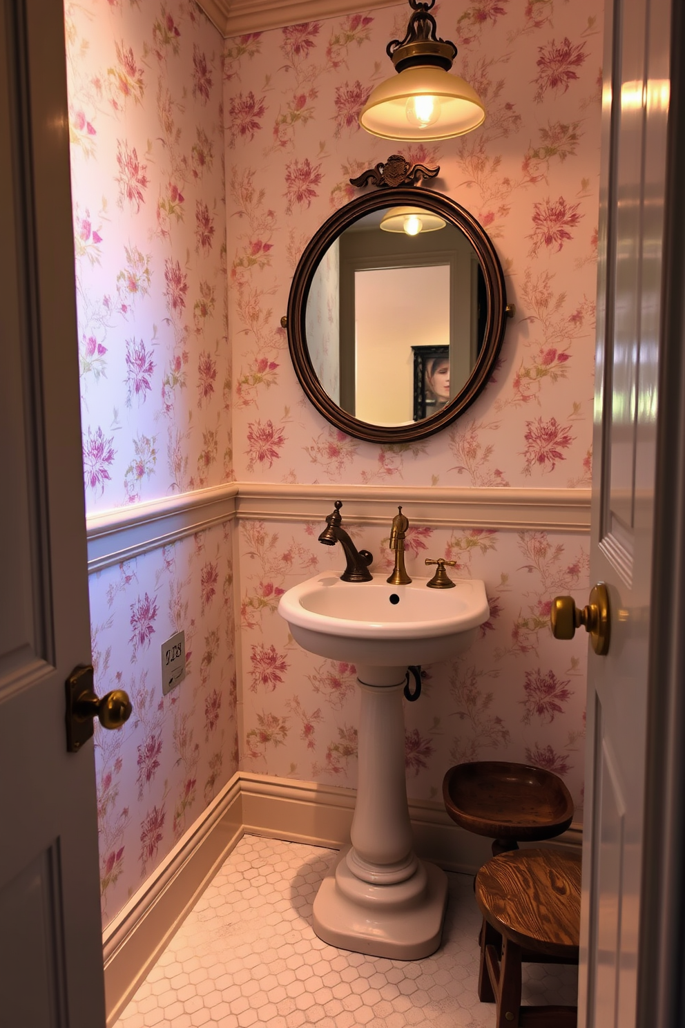 A small powder room featuring vintage fixtures that evoke a sense of nostalgia. The walls are adorned with delicate floral wallpaper, and a classic pedestal sink is complemented by an antique brass faucet. A round mirror with an ornate frame hangs above the sink, reflecting the warm glow of a vintage light fixture. The floor is covered in hexagonal tiles, and a small wooden stool adds a touch of rustic charm to the space.