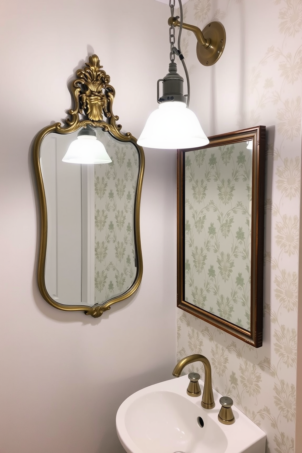 A vintage mirror hangs elegantly on the wall, reflecting the soft glow of a stylish pendant light. The small powder room features a delicate wallpaper with floral patterns, complemented by a sleek pedestal sink and polished brass fixtures.