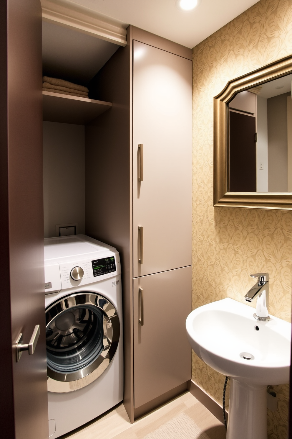 A compact laundry area seamlessly integrated into a small powder room. The design features a stacked washer and dryer tucked behind sleek cabinetry, with a countertop above for folding clothes. The powder room showcases a stylish pedestal sink with a modern faucet. Soft lighting illuminates the space, highlighting the elegant wallpaper and a small mirror framed in brushed nickel.