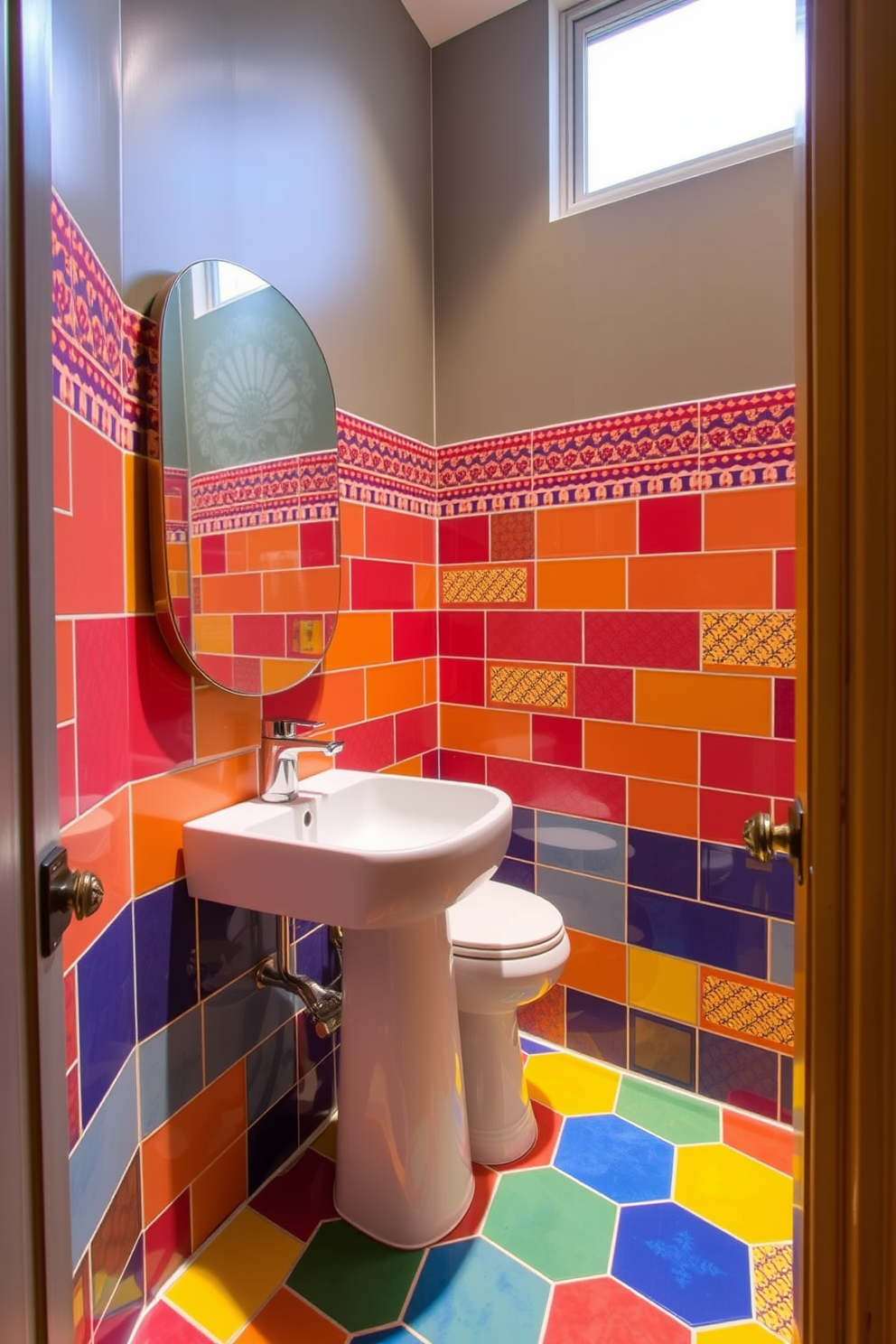 A small powder room features colorful tiles in vibrant hues that create a playful atmosphere. The walls are adorned with whimsical patterns, and a sleek pedestal sink complements the lively design.