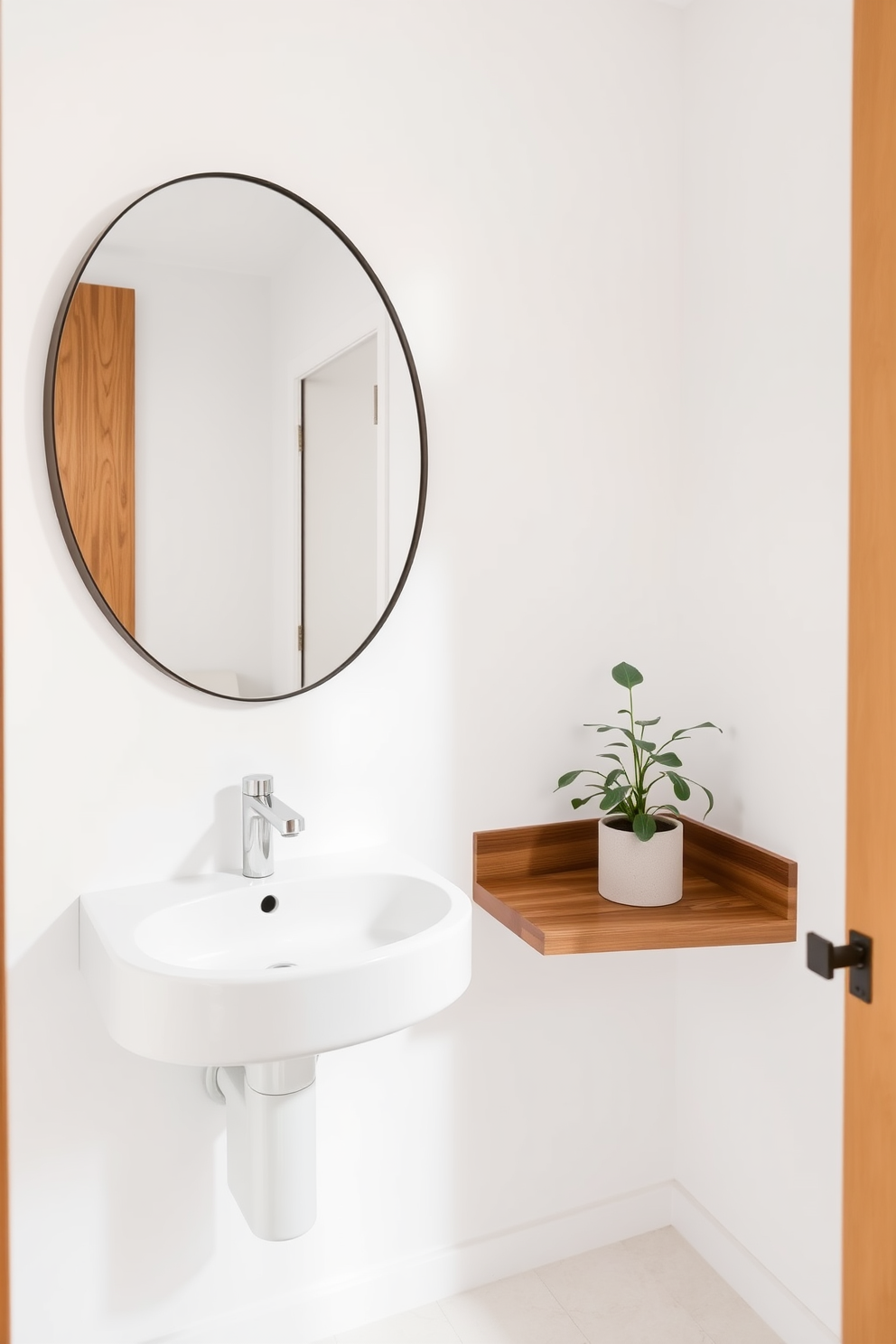 A small powder room featuring minimalist decor with clean lines and a bright color palette. The space includes a sleek wall-mounted sink and a large round mirror that enhances the sense of openness. The walls are painted in a soft white hue, complemented by natural wood accents for warmth. A simple potted plant sits on a floating shelf, adding a touch of greenery without overwhelming the minimalist aesthetic.