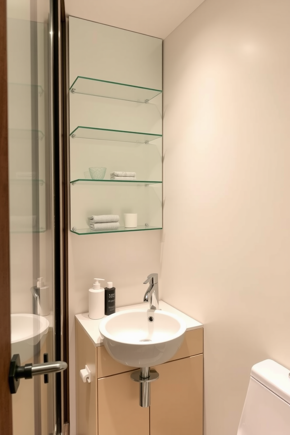 A stylish small powder room featuring sleek glass shelves for open storage. The walls are painted in a soft pastel hue, and a compact vanity with a modern sink is positioned beneath a large mirror.