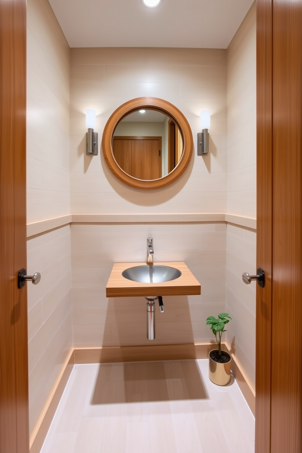 A small powder room designed with natural wood accents creates a warm and inviting atmosphere. The walls are adorned with light-colored paneling, and a sleek wooden vanity features a modern sink with brushed nickel fixtures. A round mirror with a wooden frame hangs above the vanity, reflecting soft ambient lighting from wall sconces. The flooring is a light-colored tile that complements the wood, while a small potted plant adds a touch of greenery to the space.