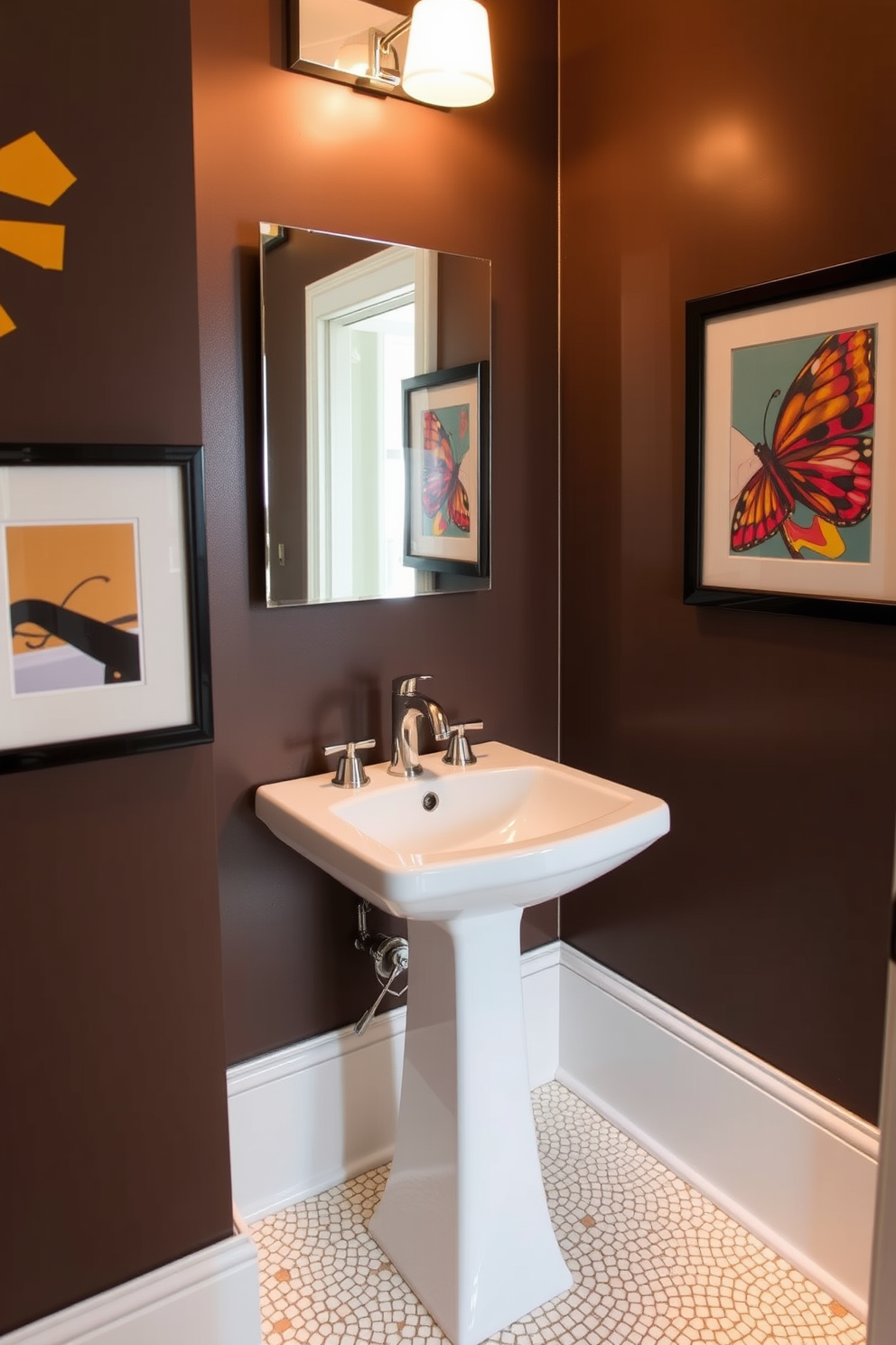 A small powder room featuring a stylish pedestal sink with a polished chrome faucet. The walls are adorned with framed artwork that adds a personal touch, showcasing vibrant colors that complement the overall decor. The floor is covered with elegant mosaic tiles, enhancing the room's sophistication. A sleek mirror above the sink reflects the artwork, creating a sense of depth and inviting ambiance.