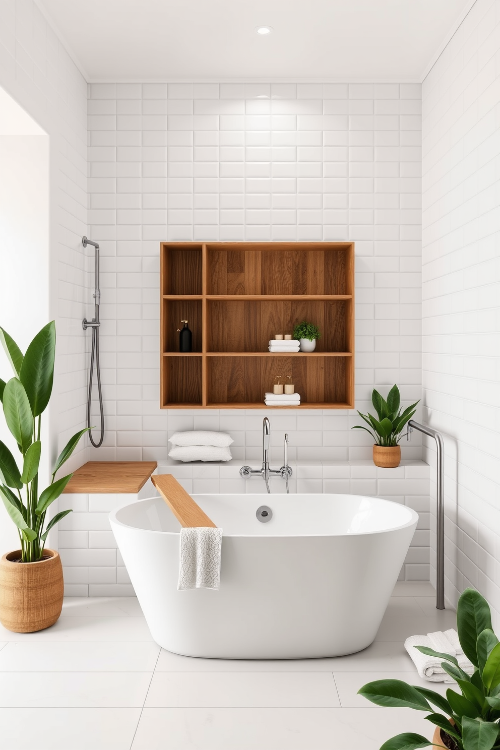 A serene spa bathroom featuring minimalist white tiles complemented by warm wood accents. The space includes a sleek freestanding bathtub surrounded by wooden shelving and soft green plants for a touch of nature.