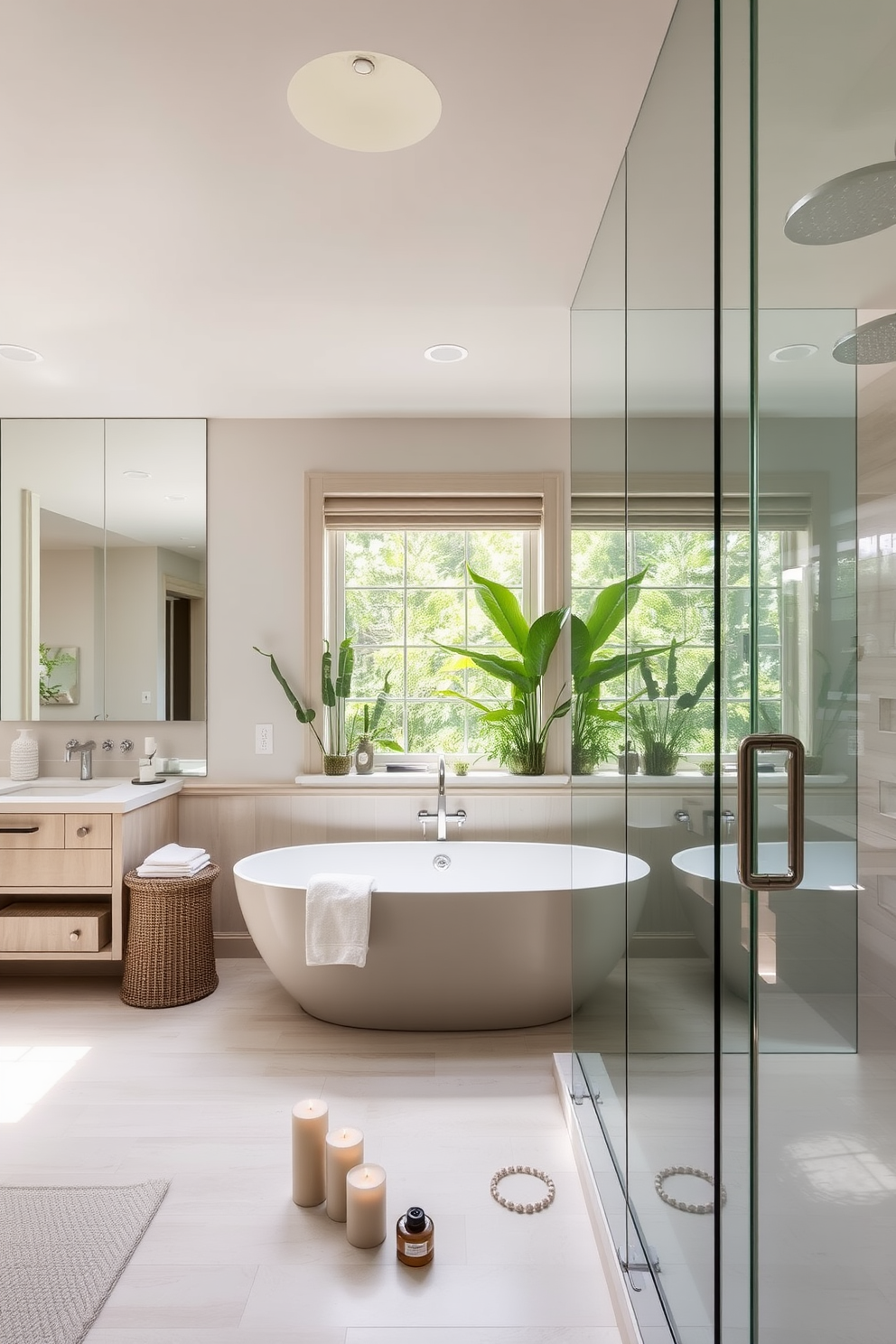 A serene spa bathroom retreat featuring large mirrors that reflect natural light and create an open atmosphere. The design includes a freestanding soaking tub positioned under a window, surrounded by lush greenery for a calming effect. Soft neutral tones dominate the space with light wood accents and plush towels neatly arranged. A rainfall shower with glass doors complements the layout, while scented candles and decorative stones add a touch of tranquility.