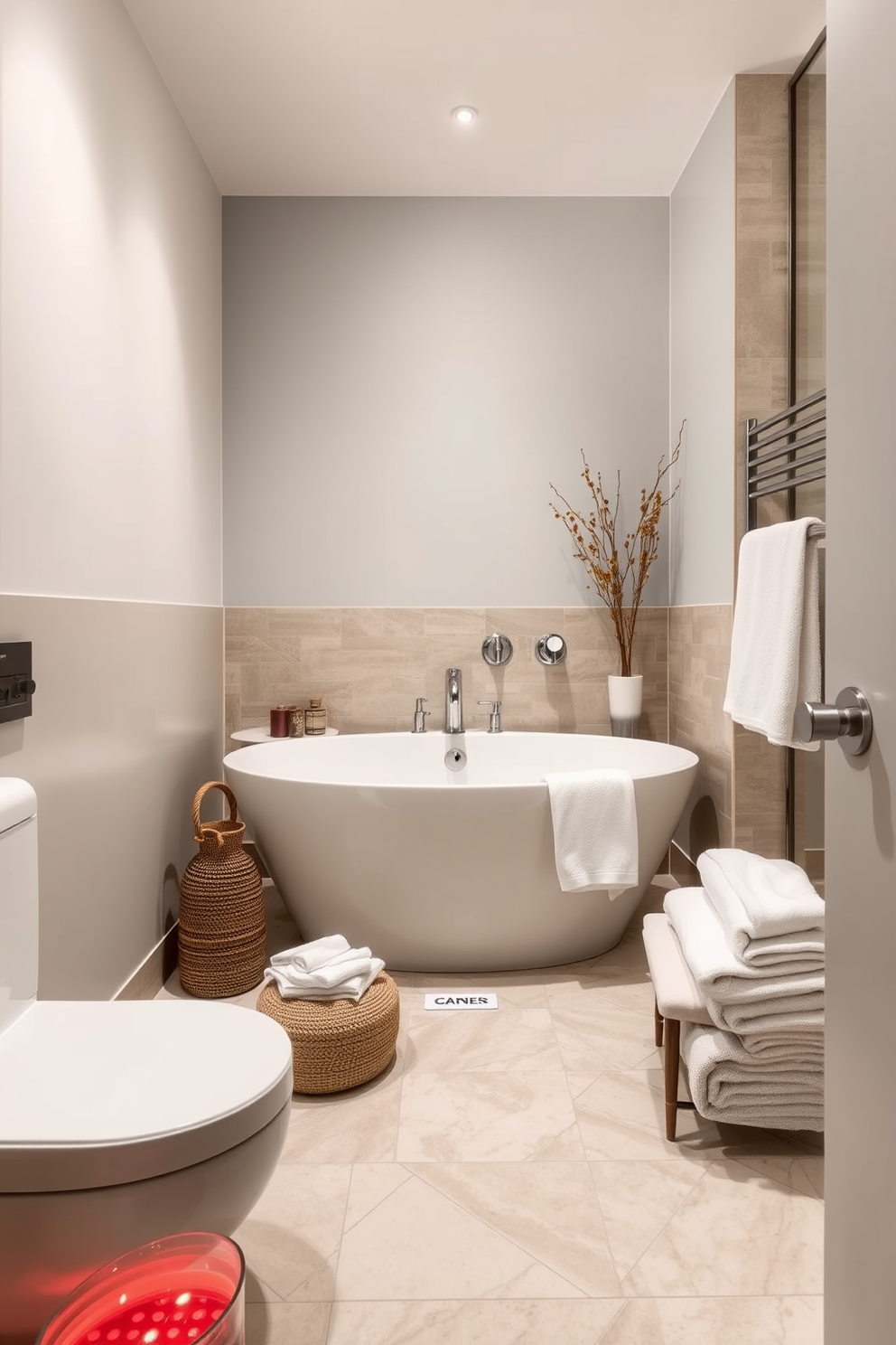 A serene spa bathroom featuring minimalist decor that promotes tranquility. The space includes a freestanding soaking tub surrounded by soft, natural light from large windows, with bamboo plants placed strategically for a touch of nature. The walls are painted in soft white tones, creating an airy atmosphere. Simple wooden shelves hold neatly arranged towels and organic bath products, enhancing the overall calming aesthetic.