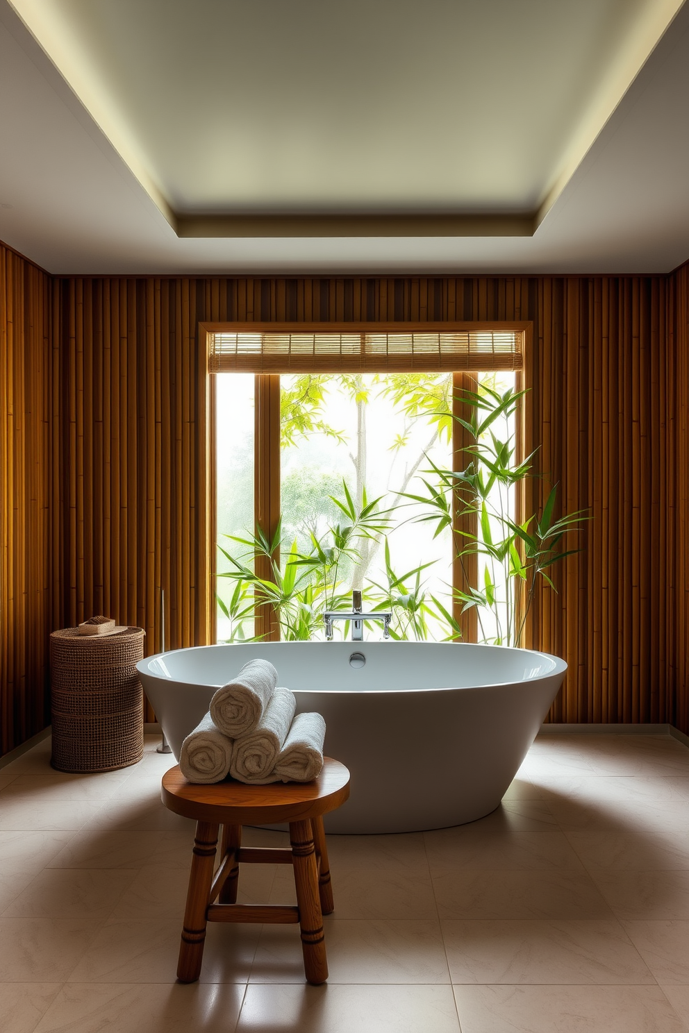 A serene small spa bathroom designed with bamboo accessories to create a natural vibe. The space features a freestanding bathtub surrounded by bamboo plants, with soft lighting that enhances the tranquil atmosphere. The walls are adorned with natural wood accents, and a bamboo ladder holds neatly rolled towels. A stone floor adds an earthy touch, while a small wooden stool beside the bathtub holds aromatic candles for relaxation.