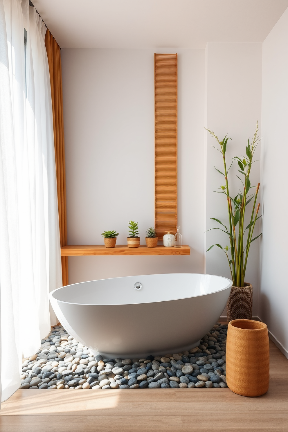 A serene spa bathroom featuring small potted succulents placed on a floating shelf. The space is adorned with soft natural light filtering through sheer curtains, creating a calming atmosphere. The design incorporates a freestanding bathtub surrounded by pebbles and wooden accents. White walls and bamboo elements enhance the tranquil, nature-inspired aesthetic.