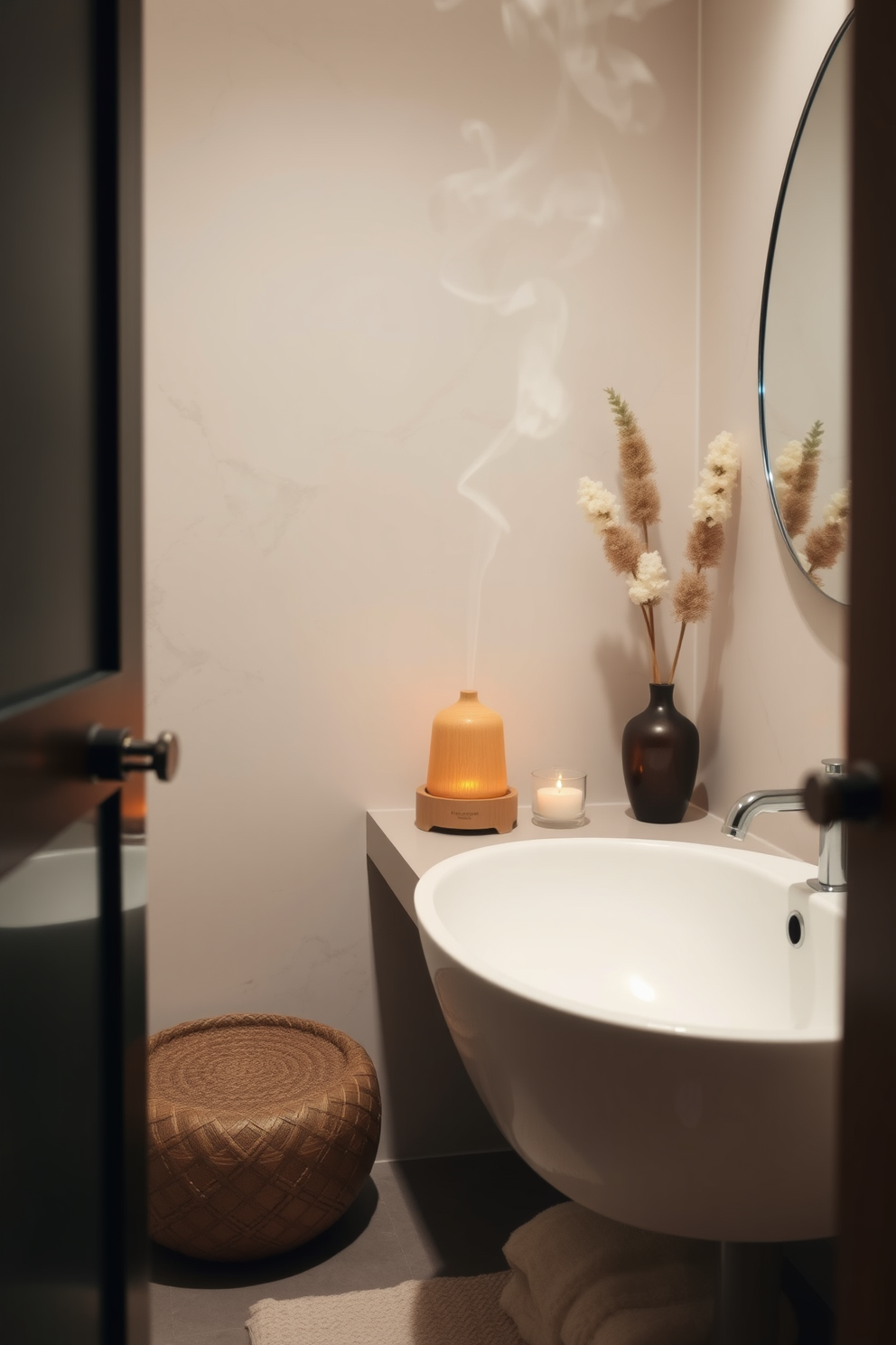 A serene small spa bathroom featuring an aromatherapy diffuser that releases soothing scents. The space is adorned with soft, natural materials and calming colors to create a tranquil atmosphere.