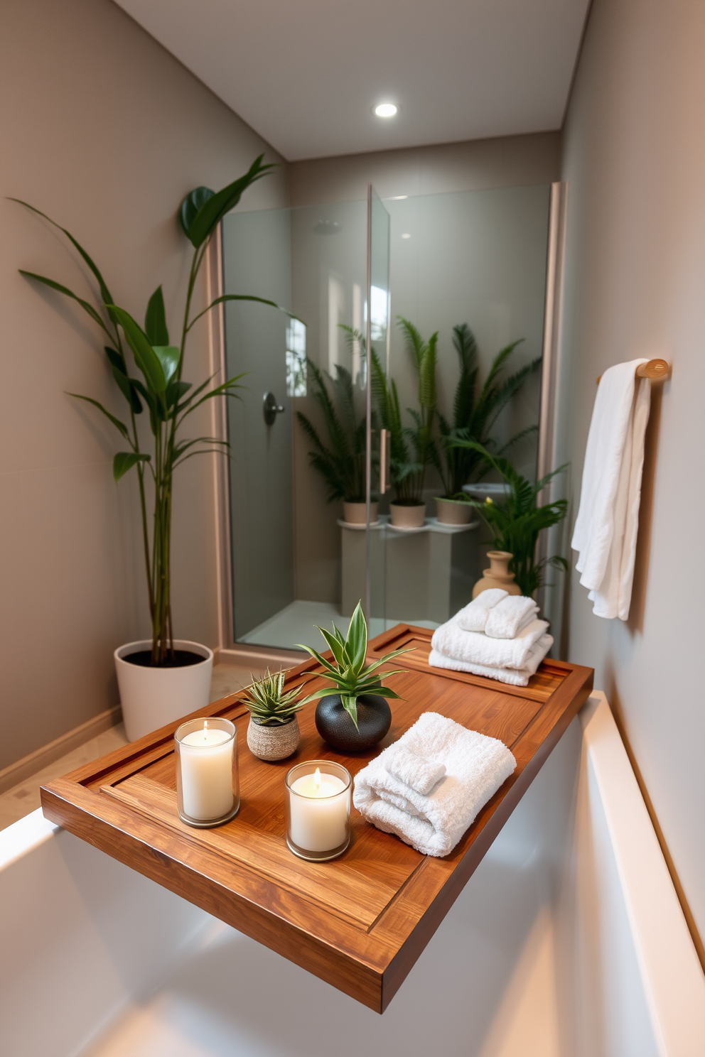 A serene spa bathroom setting featuring a wooden bath tray positioned across the tub, adorned with scented candles and a small succulent plant. Soft lighting creates a calming ambiance, while natural materials like bamboo and stone enhance the tranquil atmosphere. The space includes a compact shower area with a glass enclosure, surrounded by lush greenery for a refreshing touch. Neutral tones dominate the decor, with plush towels neatly arranged and a soothing color palette that promotes relaxation.