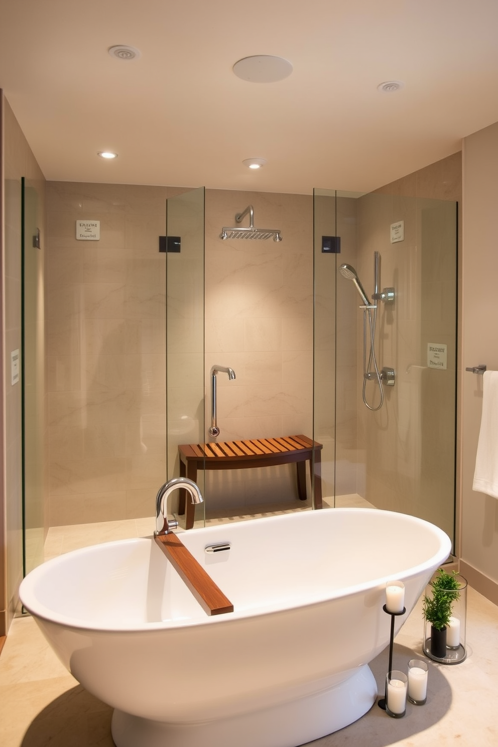 A luxurious spa bathroom featuring a steam shower with glass doors and sleek chrome fixtures. The walls are adorned with soft beige tiles, and a wooden bench is positioned inside the shower for added comfort. The space is illuminated by soft recessed lighting, creating a calming ambiance. A freestanding bathtub sits beside the shower, surrounded by candles and small potted plants for a tranquil atmosphere.