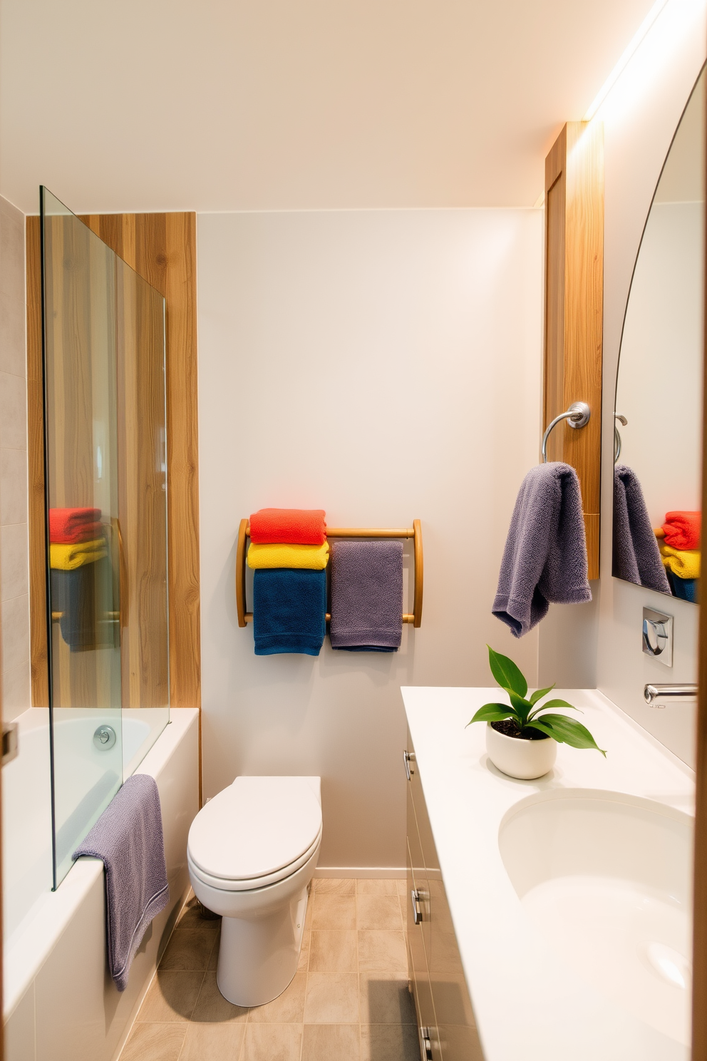 A small spa bathroom featuring a serene atmosphere with soft lighting. The walls are adorned with natural wood accents and the floor is covered in light gray tiles. Colorful towels are neatly arranged on a wooden rack, providing a vibrant contrast to the neutral tones. A small potted plant sits on the countertop, adding a touch of greenery and freshness to the space.