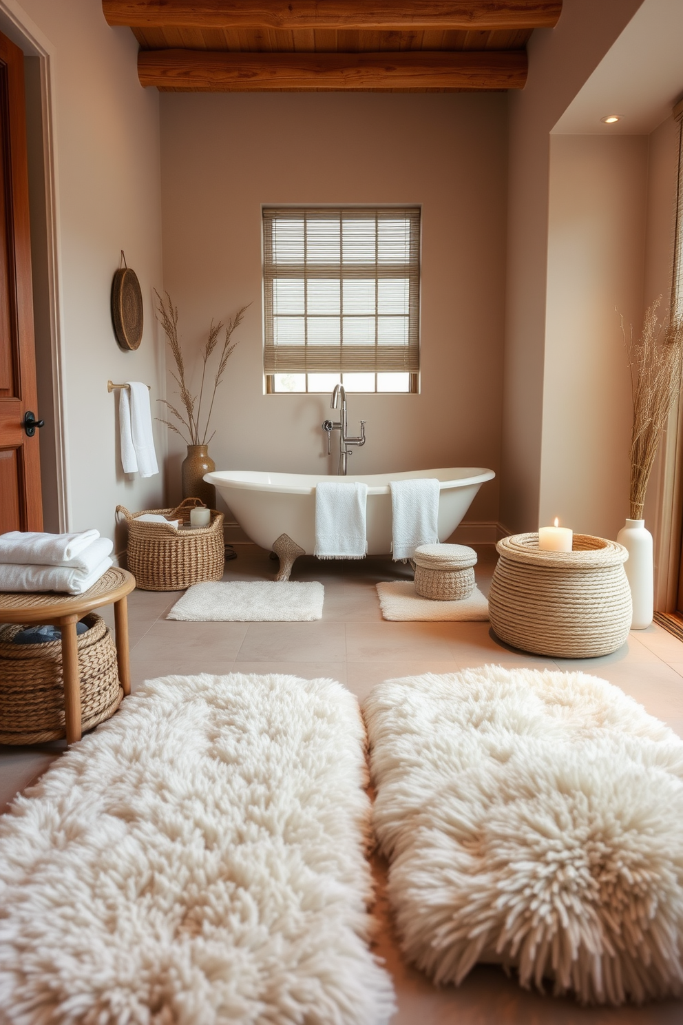 A serene spa bathroom setting designed for relaxation. The focal point is a small indoor fountain that gently trickles water, creating a soothing sound. The walls are adorned with soft, neutral tones and natural wood accents. A freestanding soaking tub sits beside a large window, allowing natural light to fill the space.