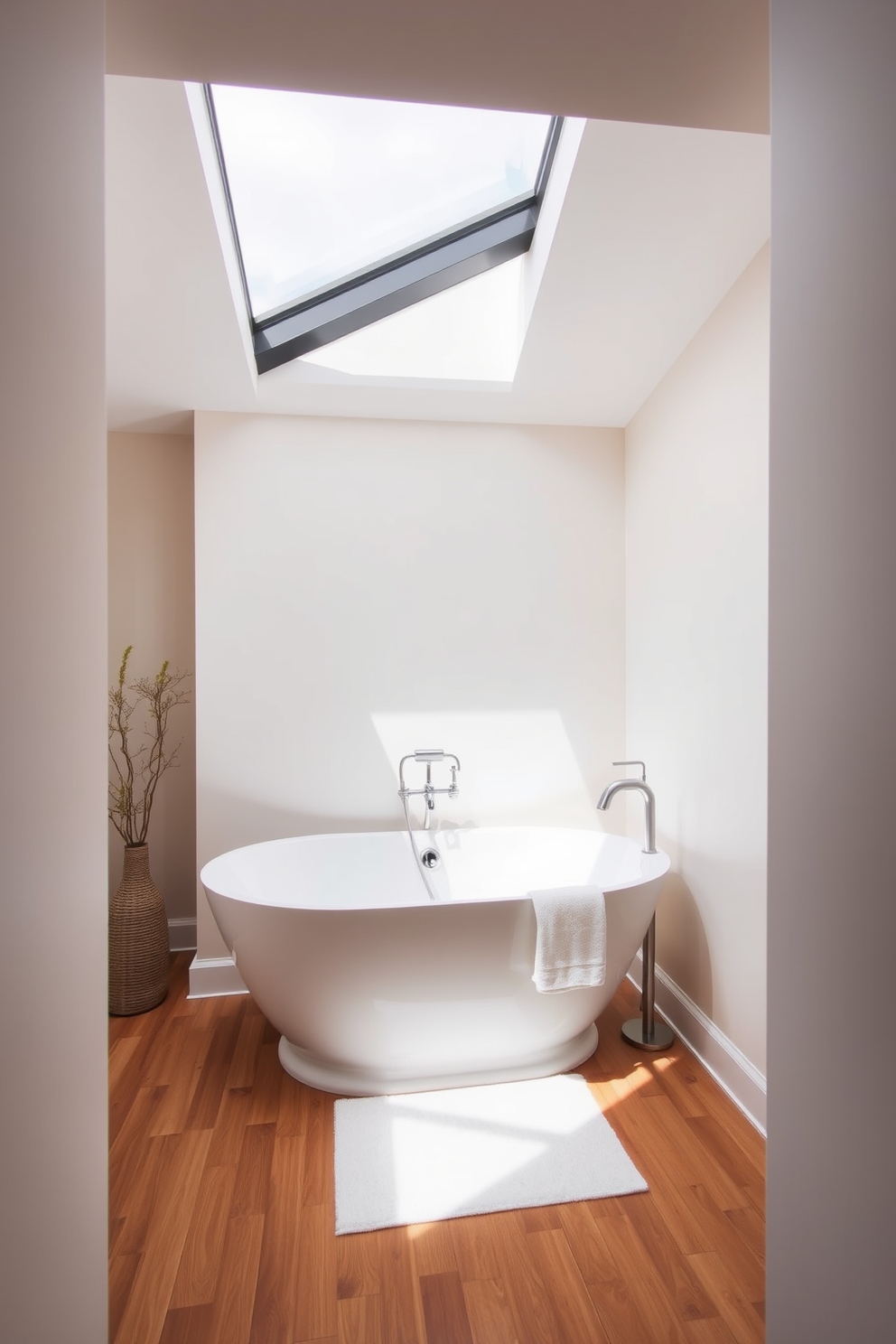 A soothing neutral color palette for relaxation creates a serene atmosphere in a small spa bathroom. Soft beige walls complement a light wood vanity with a white countertop, enhancing the calming vibe. Natural light filters through frosted glass windows, illuminating the space and highlighting a freestanding soaking tub. Plush white towels are neatly arranged on a wooden ladder, adding a touch of warmth and comfort.