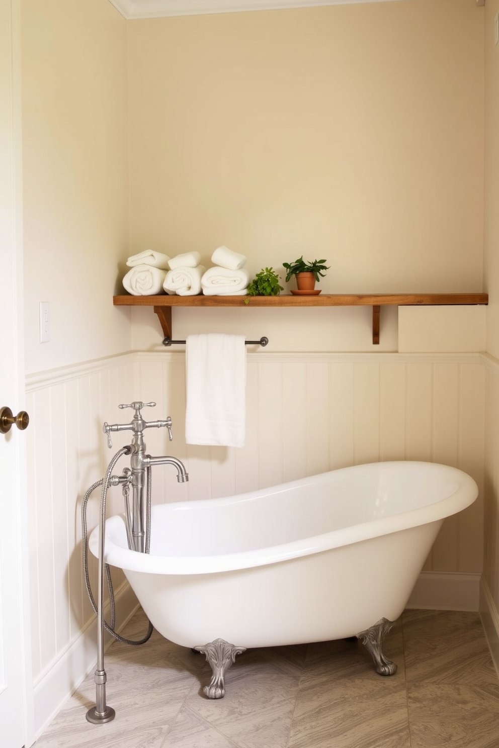 A small spa bathroom design featuring vintage fixtures that evoke a classic look. The room is adorned with a freestanding clawfoot tub, complemented by an antique-style faucet with porcelain handles. The walls are painted in a soft pastel hue, creating a calming atmosphere. A rustic wooden shelf holds neatly rolled towels and a few potted plants for a touch of greenery.