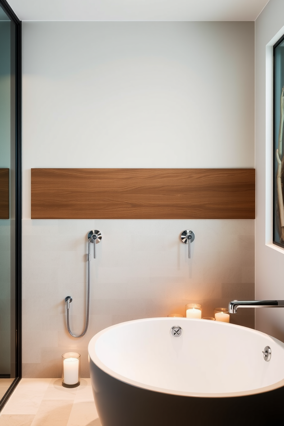 A serene spa bathroom design featuring a freestanding soaking tub positioned under a large window. The walls are adorned with natural stone tiles, and soft lighting illuminates the space, creating a tranquil atmosphere. Incorporate a statement piece of artwork above the tub to draw the eye and enhance the calming vibe. Add greenery with potted plants placed strategically around the room to bring in a touch of nature.