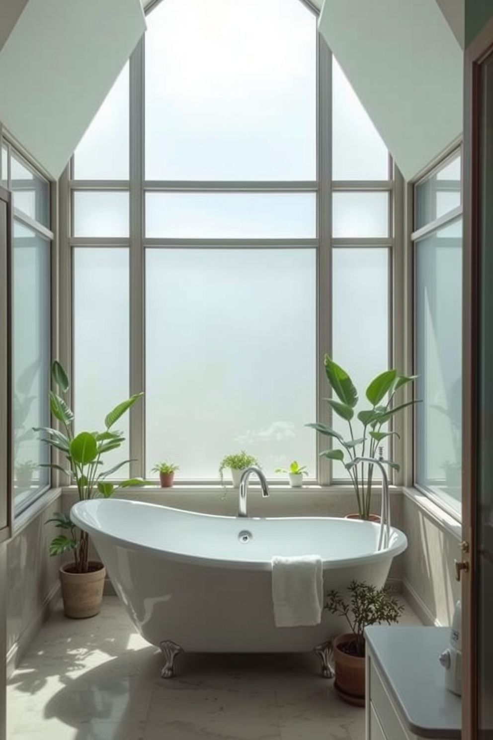 A small spa bathroom design filled with natural light streaming through frosted glass windows. The space features a freestanding soaking tub positioned under the light, surrounded by potted plants for a serene atmosphere.