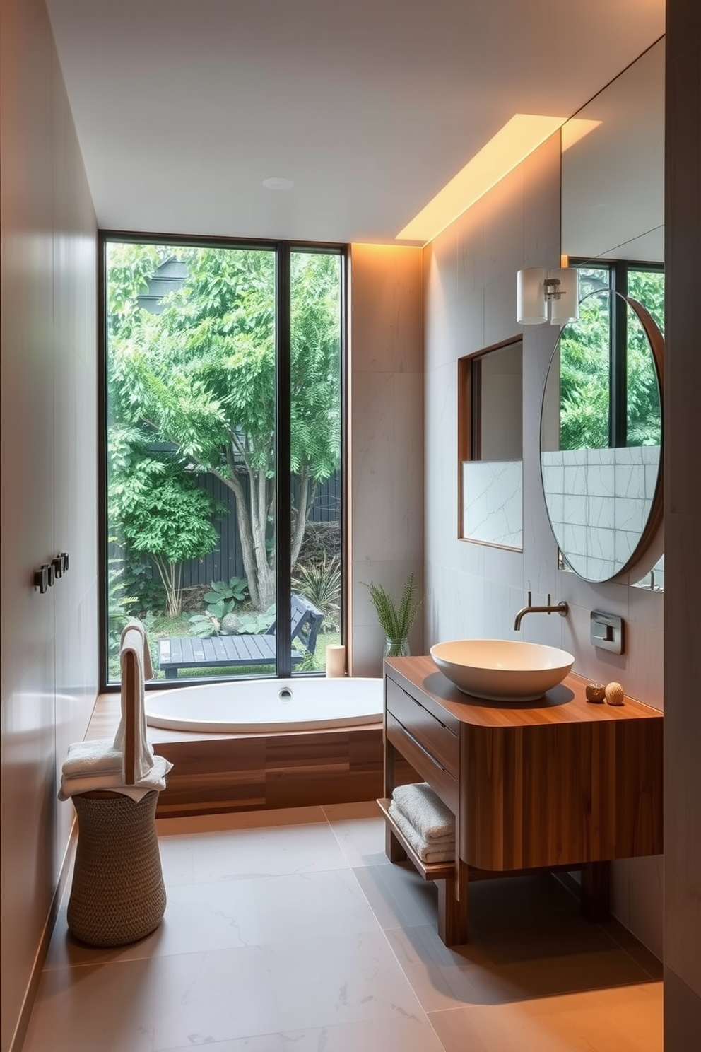 A small spa bathroom featuring an integrated sound system for ambiance. The space includes a freestanding soaking tub with a view of a lush garden through large windows. Soft, warm lighting creates a relaxing atmosphere, while natural materials like wood and stone are used throughout. A minimalist vanity with a vessel sink complements the tranquil design, and plush towels are neatly arranged for convenience.