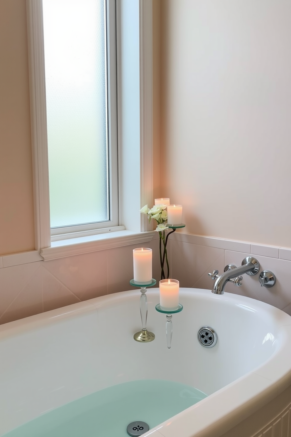 A serene spa bathroom featuring elegant candle holders placed strategically around the space to create a tranquil atmosphere. The walls are adorned with soft pastel tones, and natural light filters in through a frosted window, enhancing the peaceful ambiance.