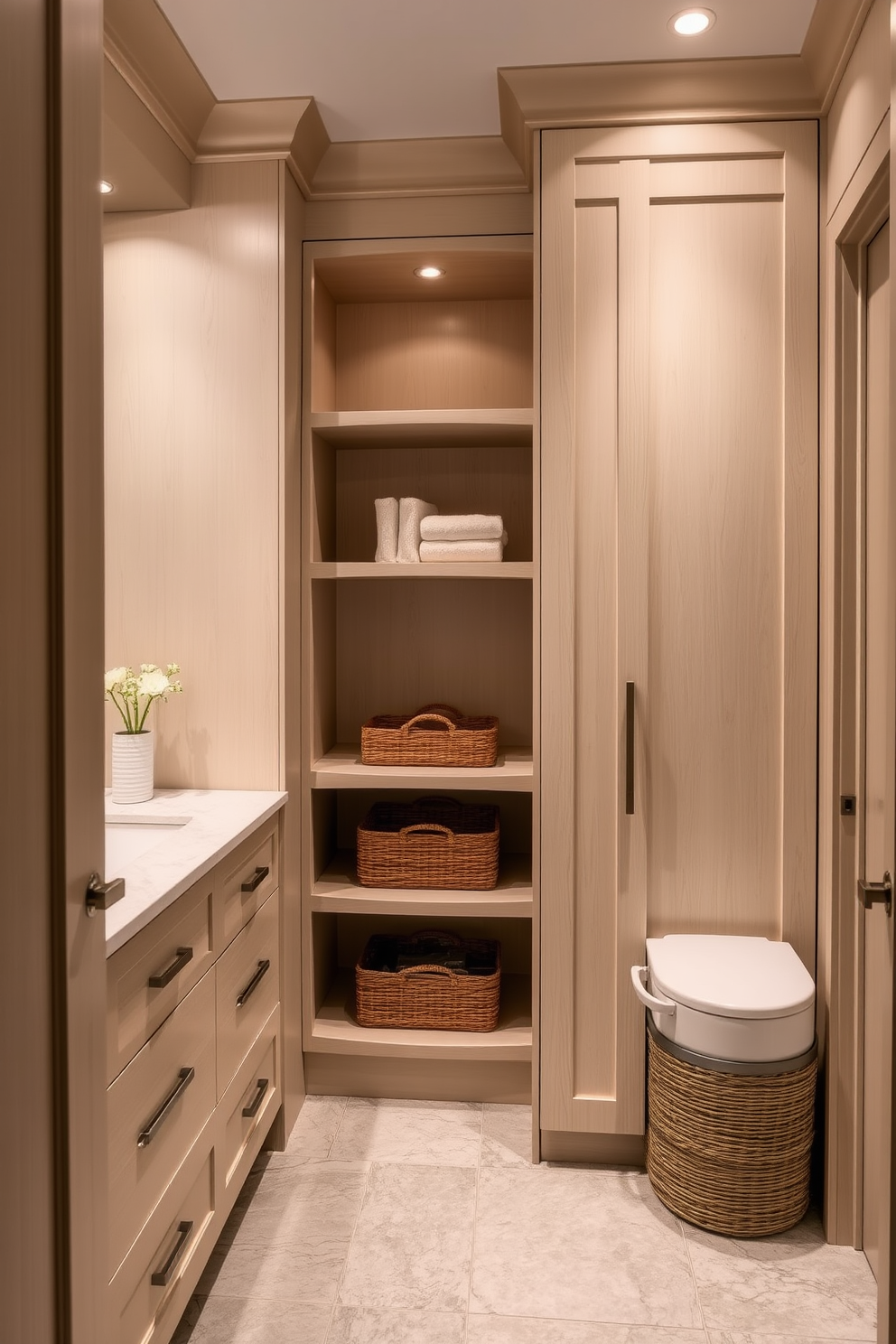 A small spa bathroom featuring a calming color palette. Soft beige walls complement a natural wood vanity with a stone sink and brushed gold fixtures. Layered patterned rugs add warmth and texture to the space. A freestanding tub sits beneath a large window, surrounded by lush greenery for a tranquil atmosphere.