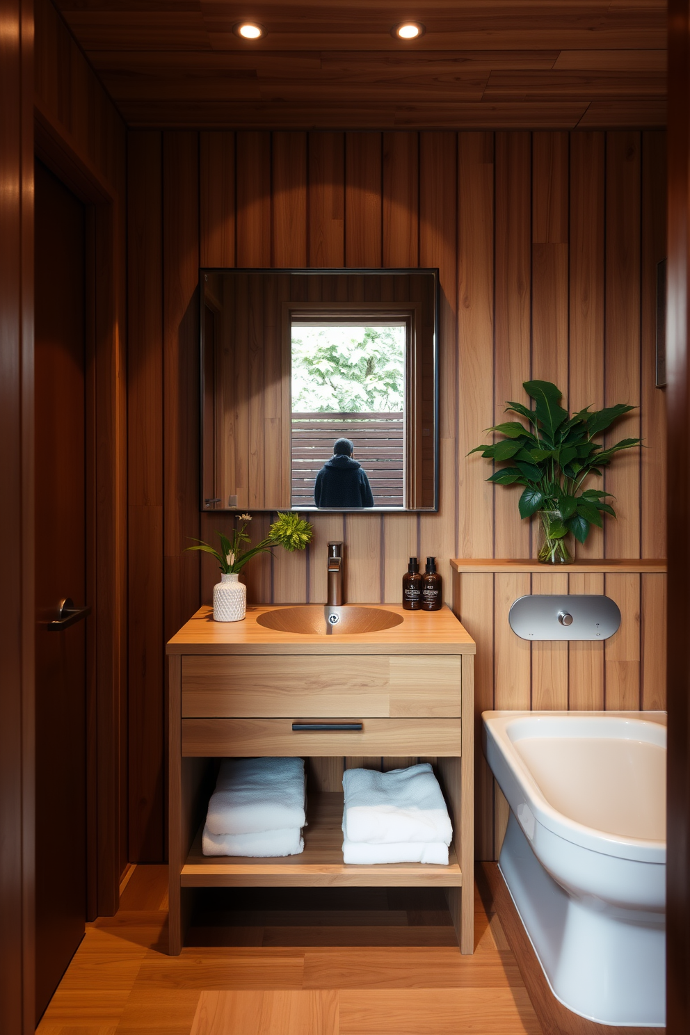 Warm wood tones create an inviting atmosphere in a small spa bathroom. The space features a sleek wooden vanity with a natural finish, complemented by soft ambient lighting and lush greenery.