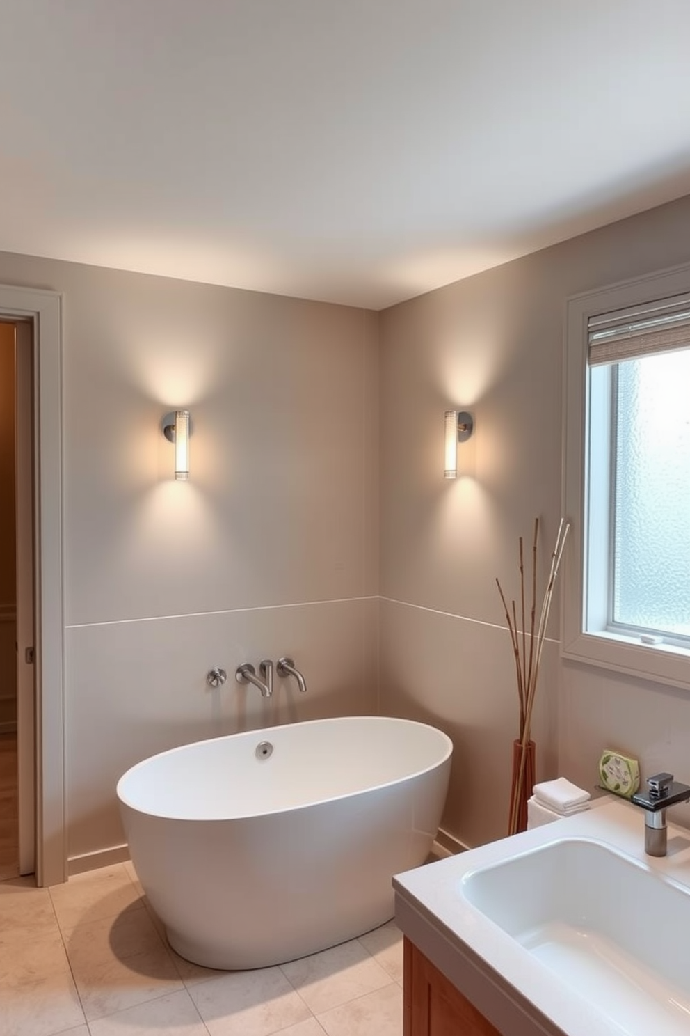 A serene small spa bathroom design featuring soft beige walls and natural wood accents. A sleek shower caddy is organized with luxurious bath products, enhancing the tranquil atmosphere. The space includes a compact soaking tub surrounded by potted plants for a touch of greenery. Elegant lighting fixtures create a warm glow, inviting relaxation and peace.